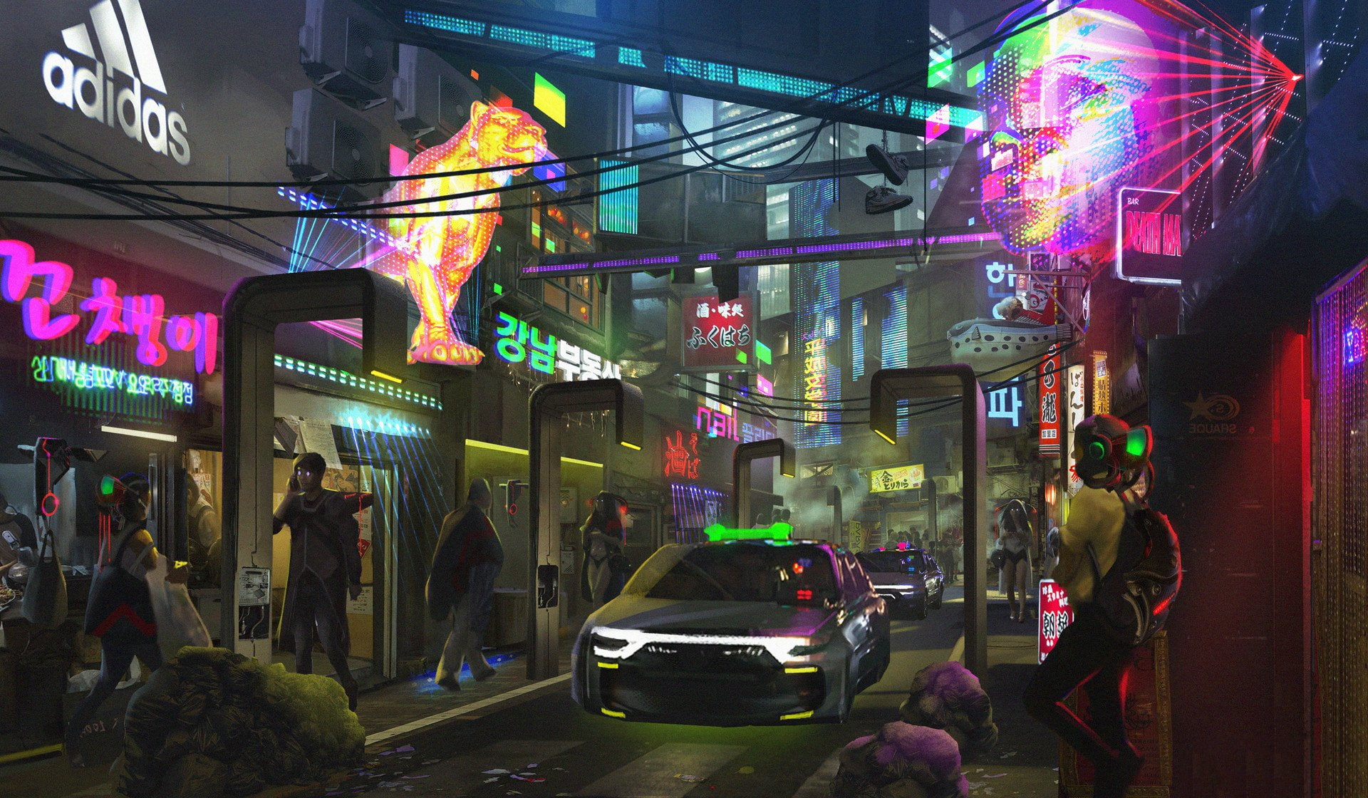 Sci Fi Cyberpunk Car City Korean Neon Sign People Seoul 2k