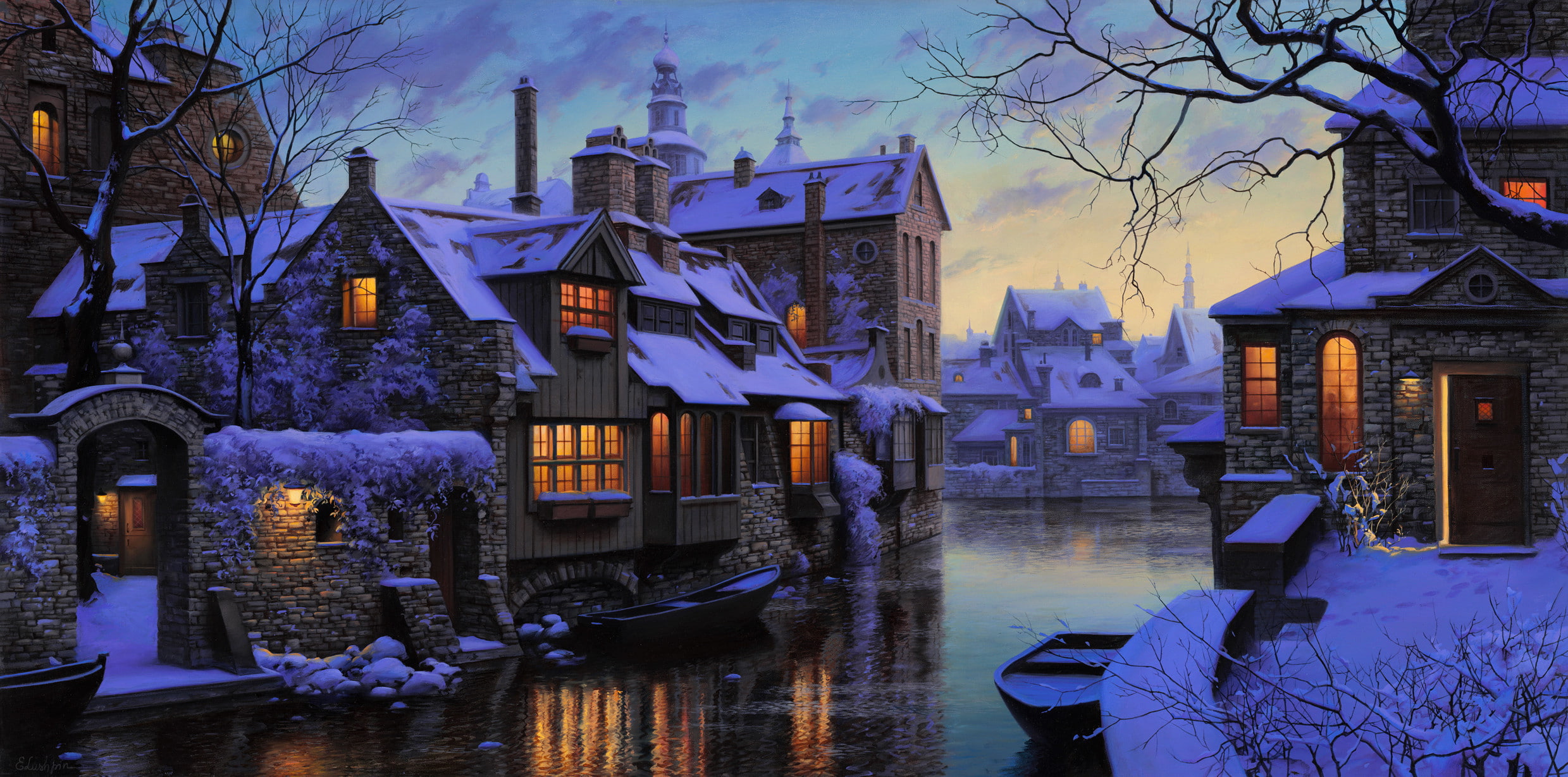 city house boat night snow trees Evgeny Lushpin Stockholm 2k