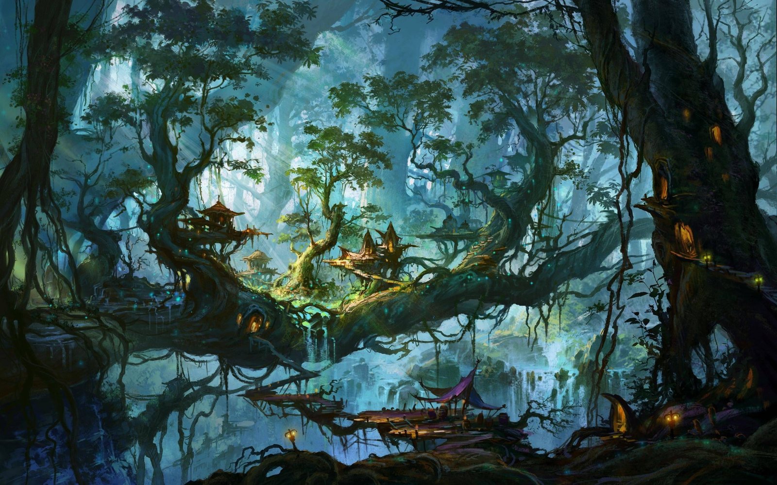 fantasy art artwork digital forest trees waterfall 2k