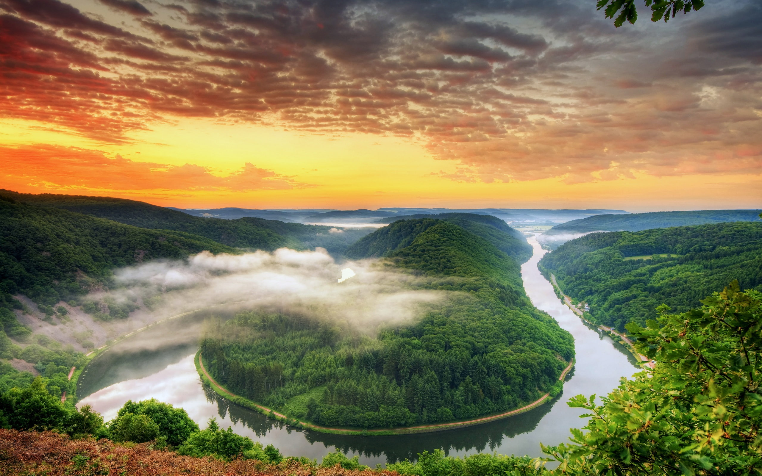 Germany scenery Saarland the river bend mountains sunset orange sky clouds 2k