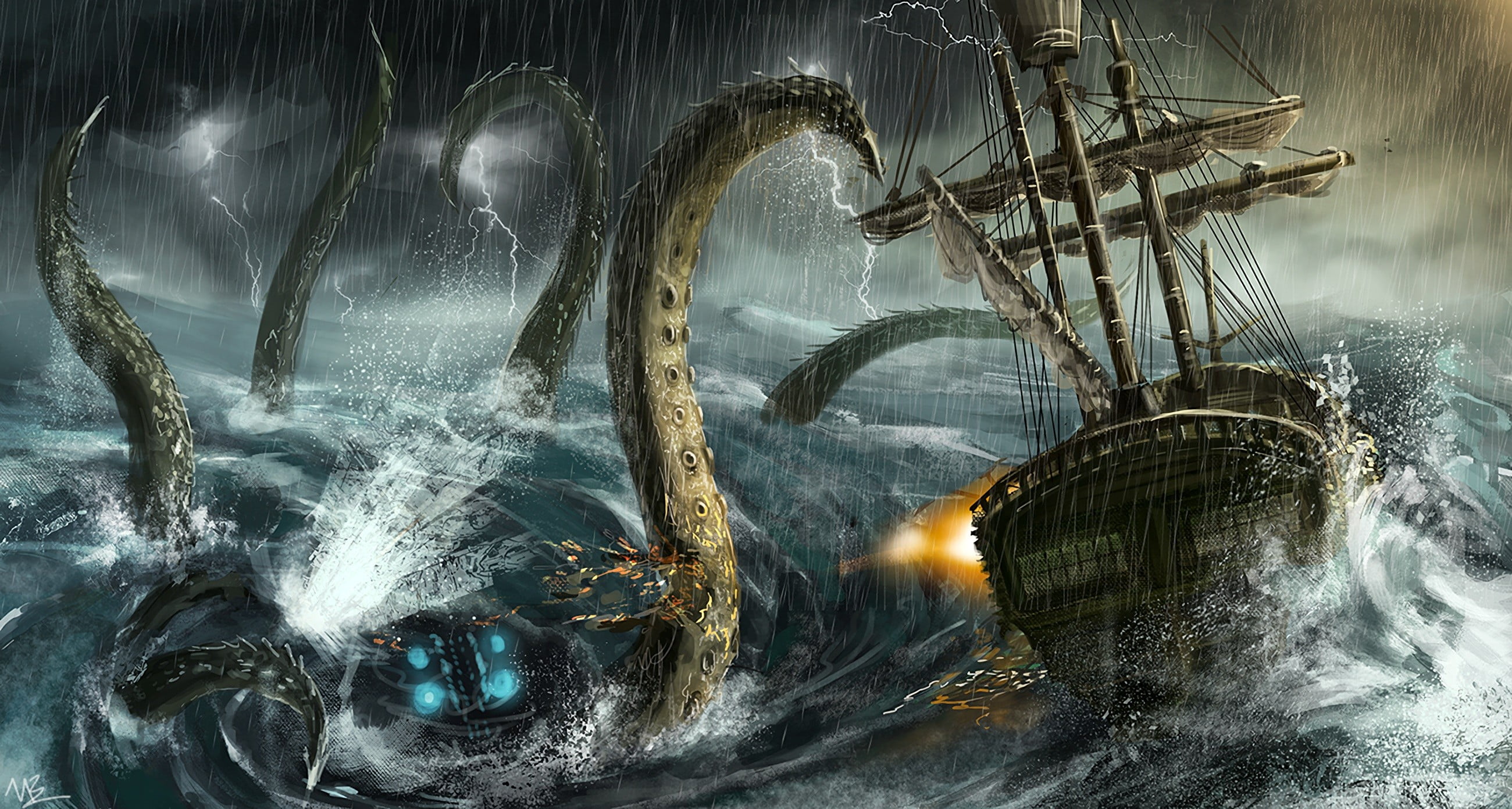 Kraken attacking sailing ship artwork fantasy art rain sea 2k