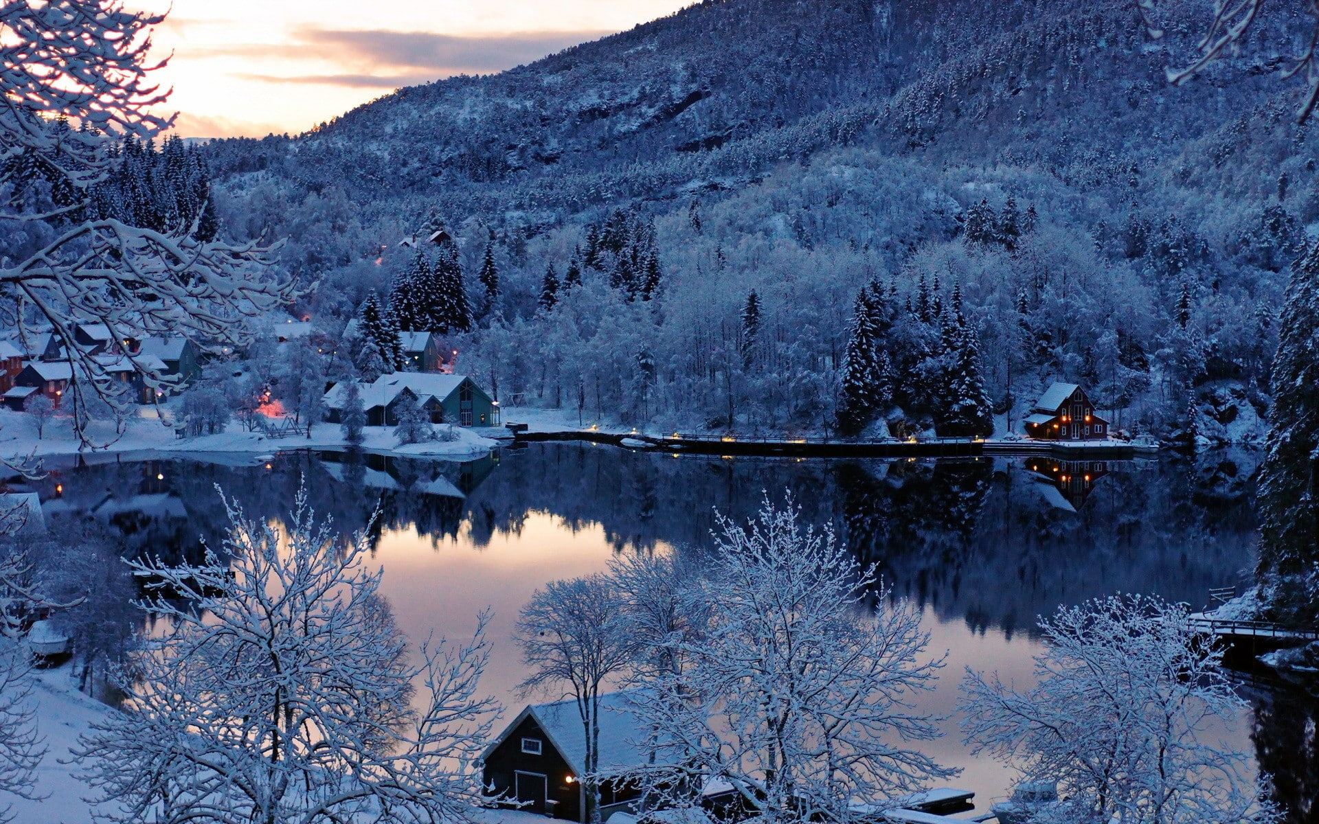 Lake House Trees Forest Winter Snow Reflection HD house near forest covered in snow 2k