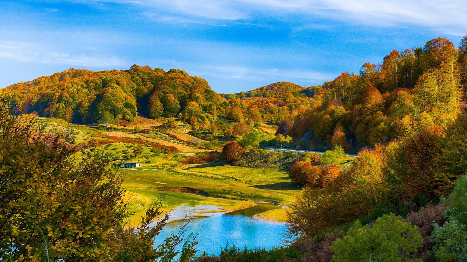 Autumn scenery hills forest lake house 2k