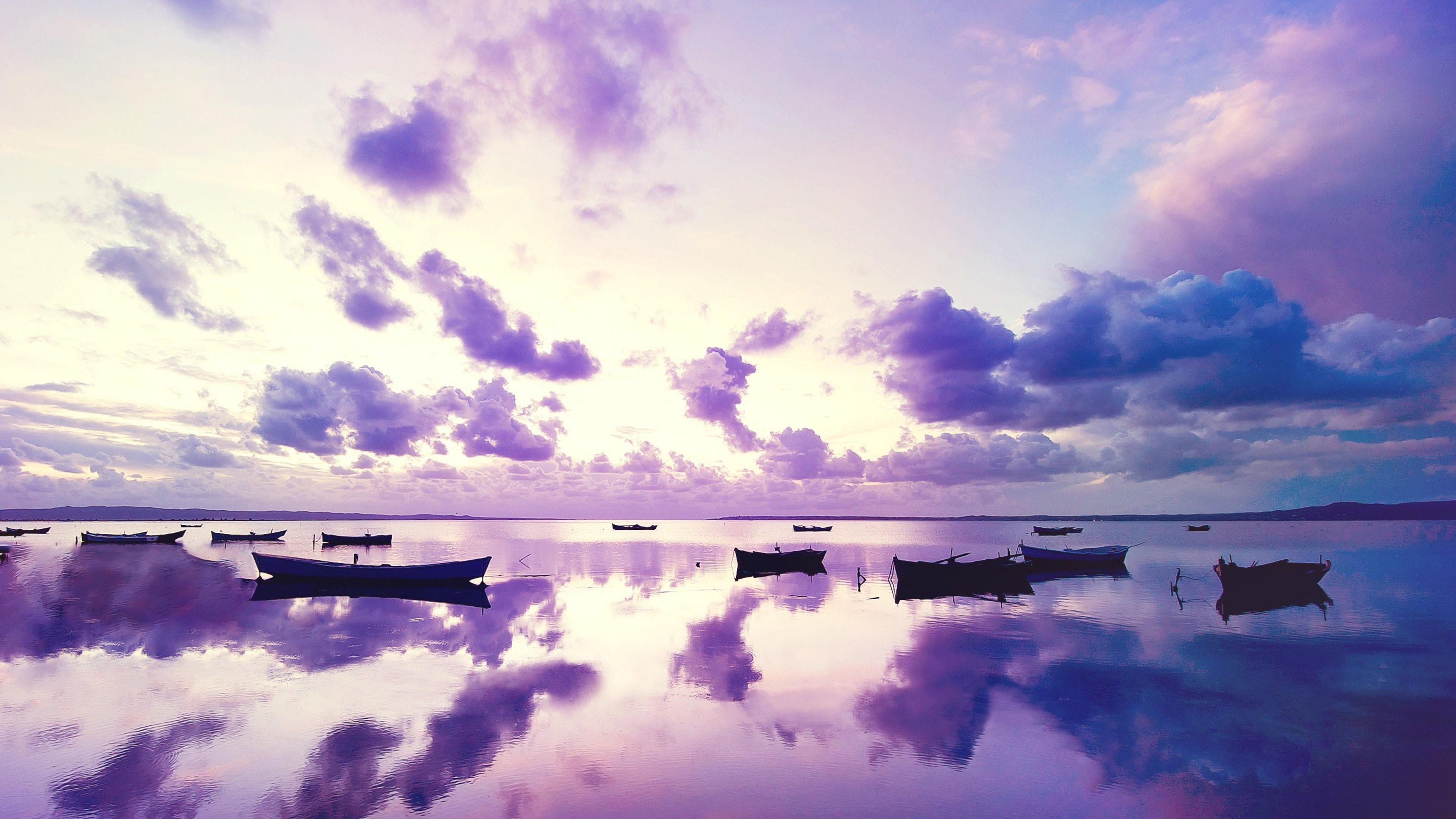 reflection purple sky lake boats calmness quiet clouds 2k 4k