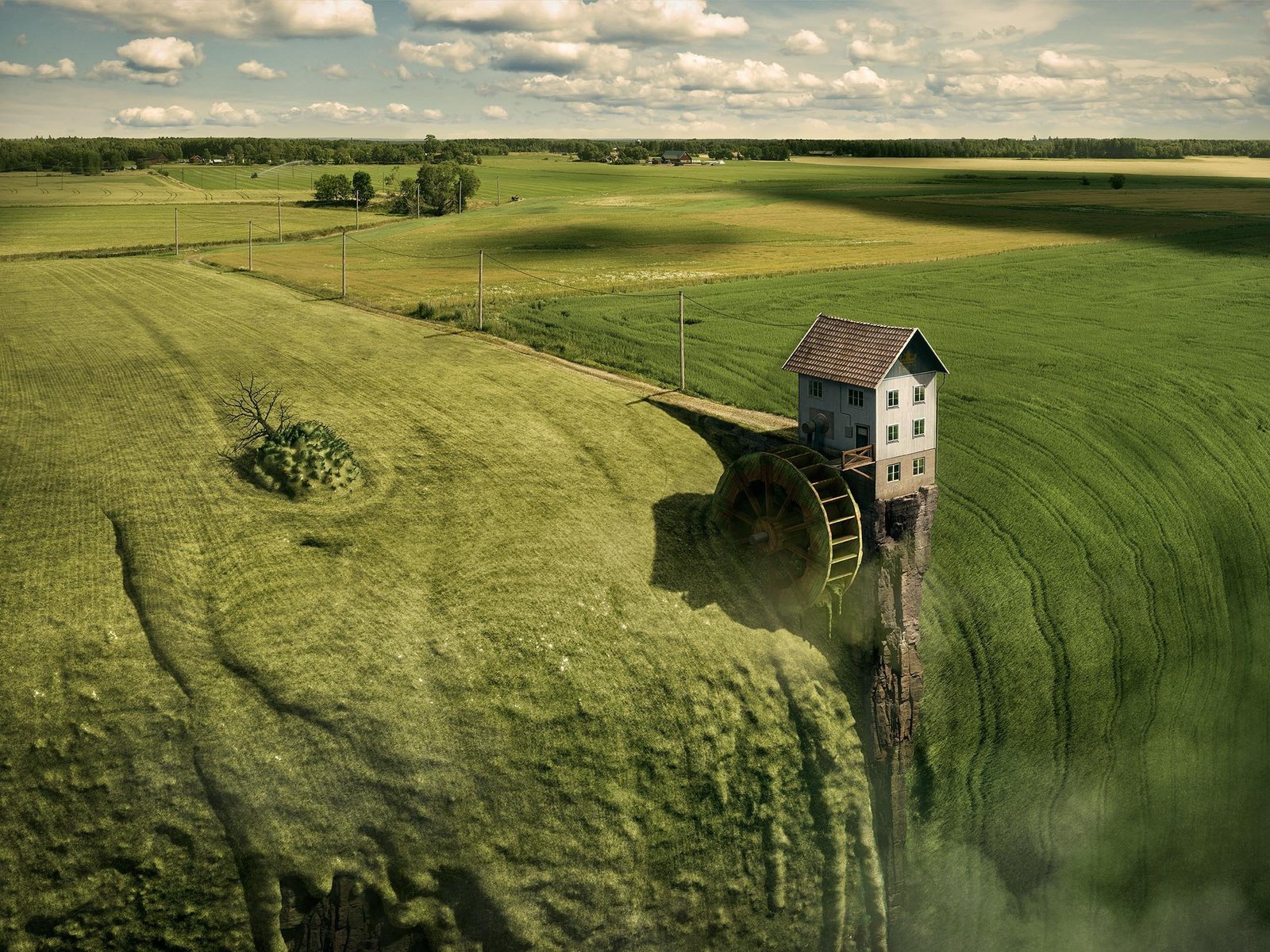 brown and white wooden house nature landscape Photoshop digital art 2k