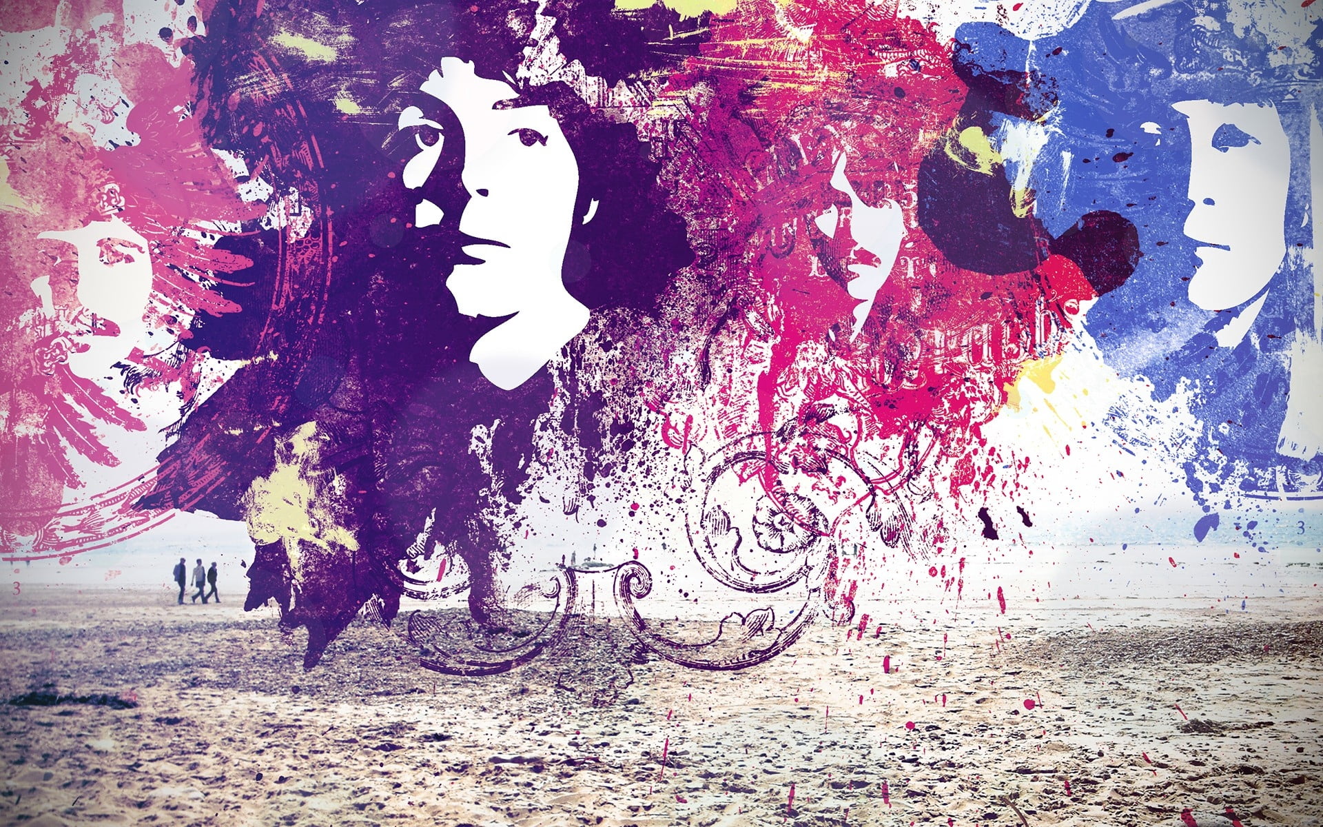 The Beatles illustration members faces graphics beach people 2k