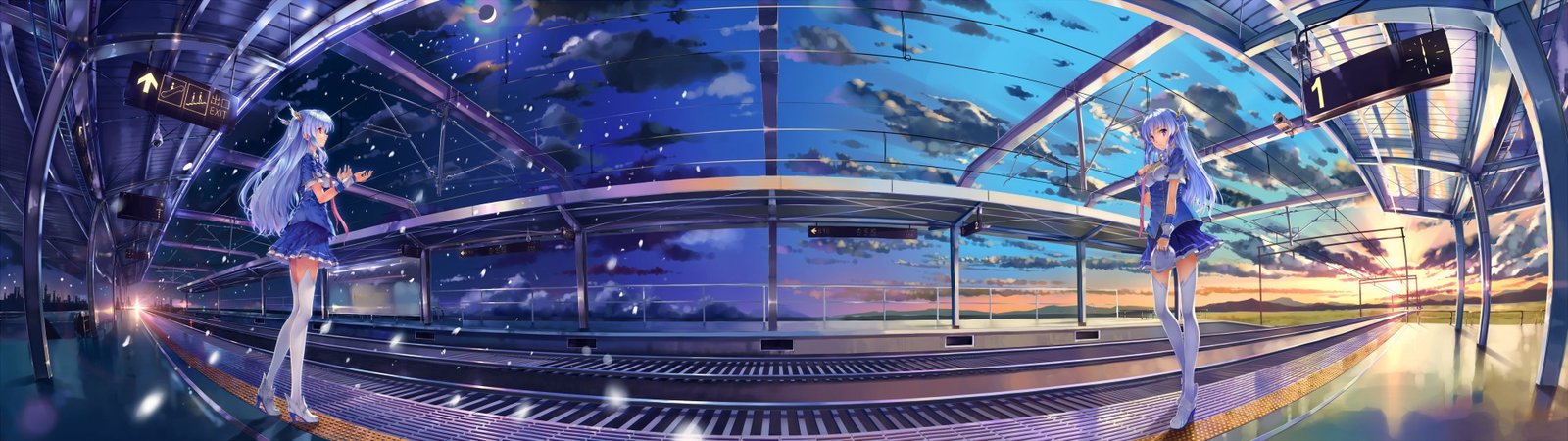 blue haired female anime character sky clouds railway multiple display 2k 4k
