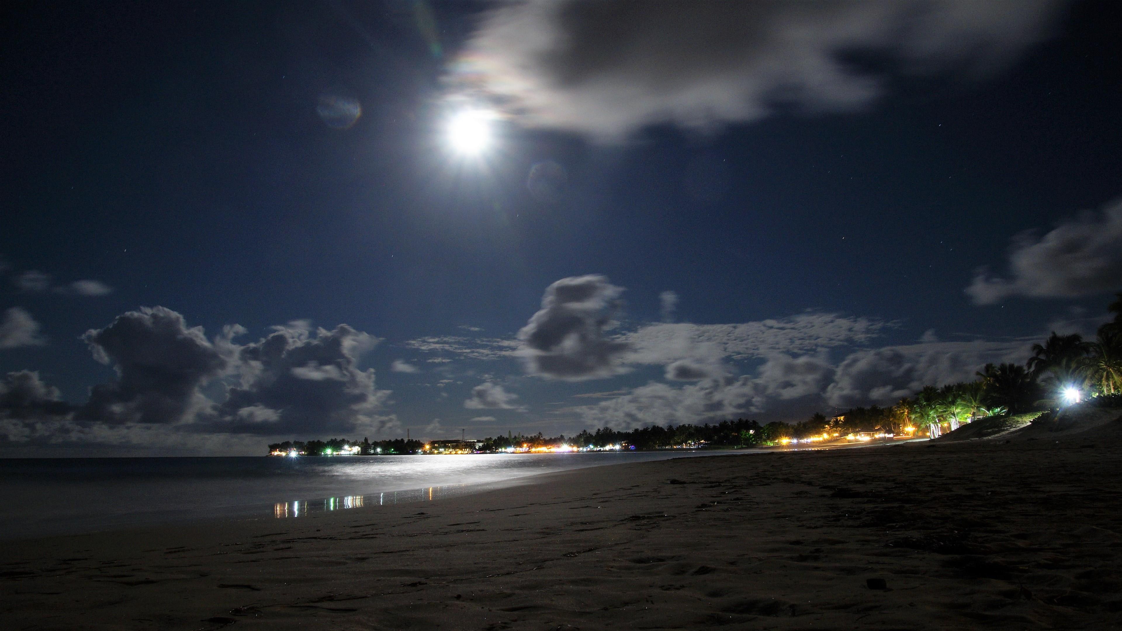 dominican republic beach full moon night lights shore amazing 2k 4k