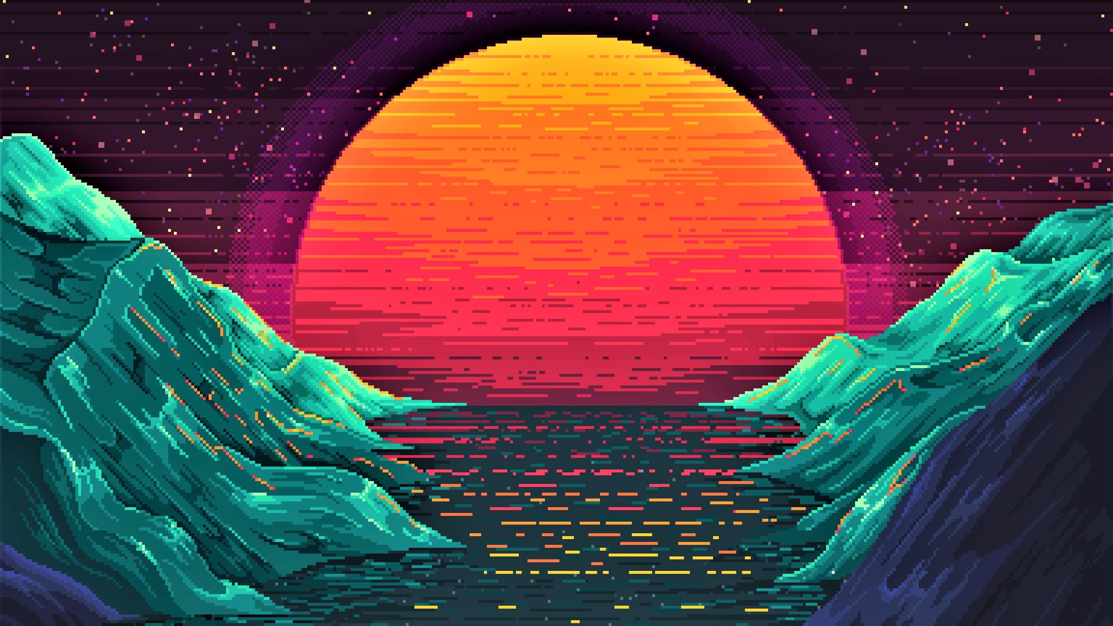 graphic design fantasy landscape retro wave pixeles pixelate 2k 4k
