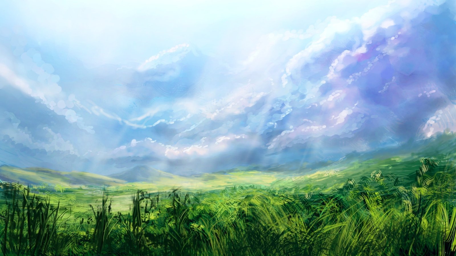 green grass field under cloudy sky artwork nature 2k 4k