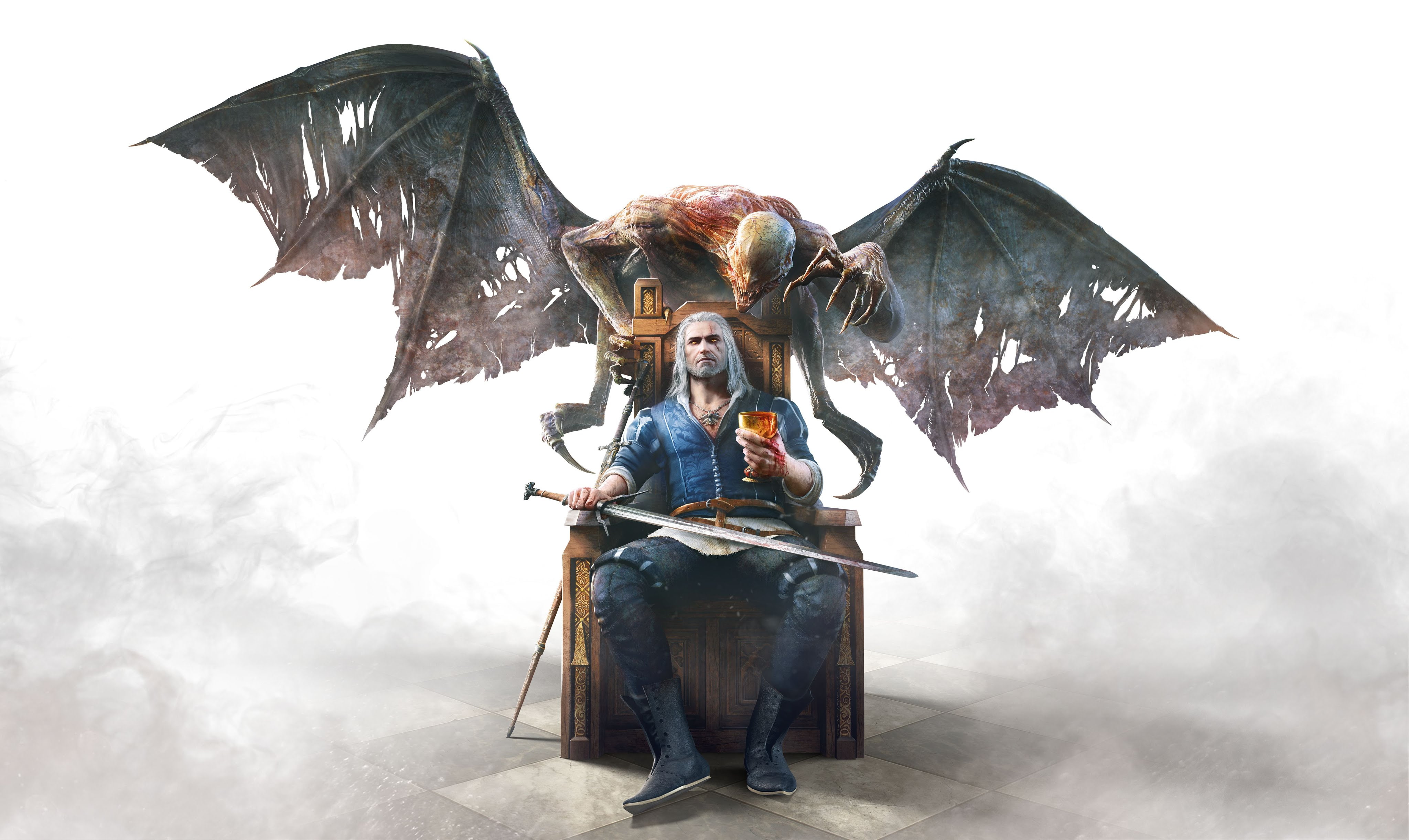 throne digital art blood and wine wings Geralt of Rivia 2k 4k