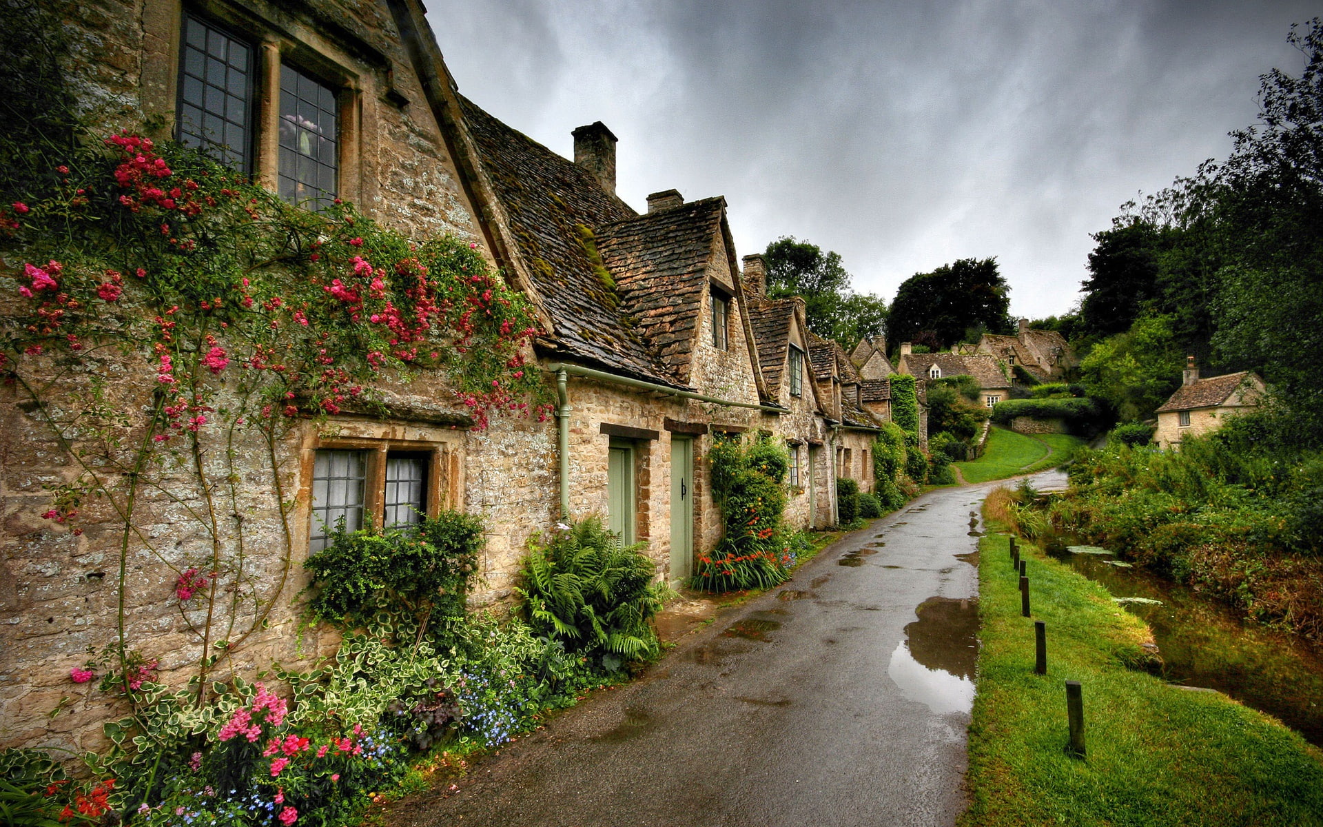 Village scenery road houses flowers green grass cloudy 2k