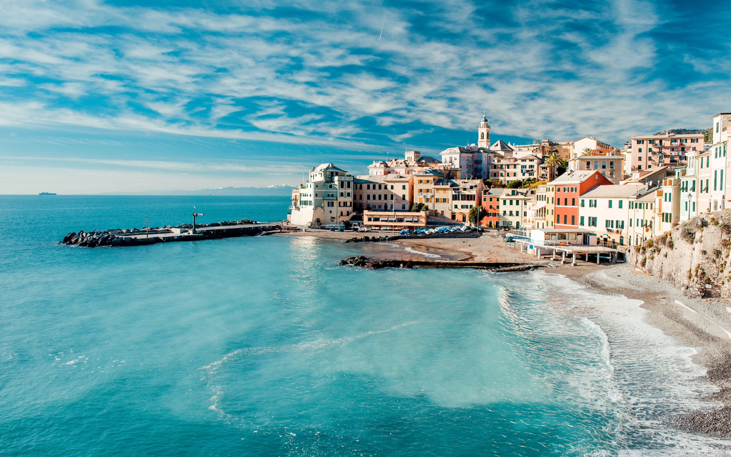 white and blue concrete building sea beach Italy town old 2k
