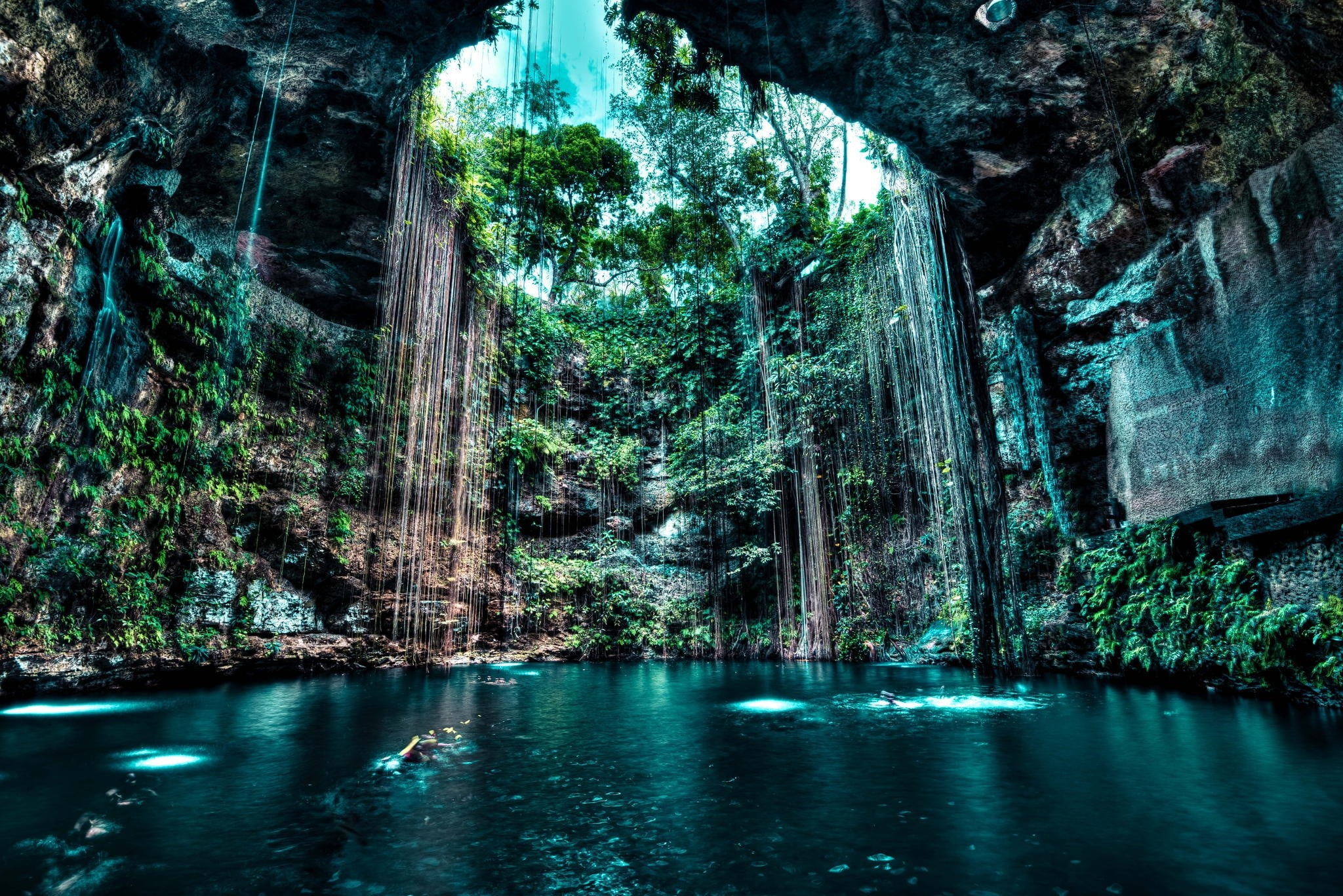 cave pool nature landscape cenotes lake rock water trees 2k