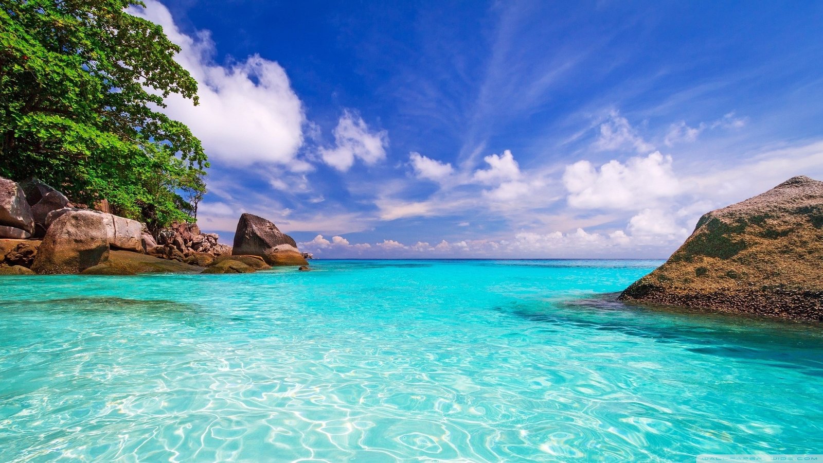 Exotic Places Beautiful Beaches Coast Rocks Trees Blue Ocean Transparent Water White With Clouds Computer Summer Wallpapers Hd 2k