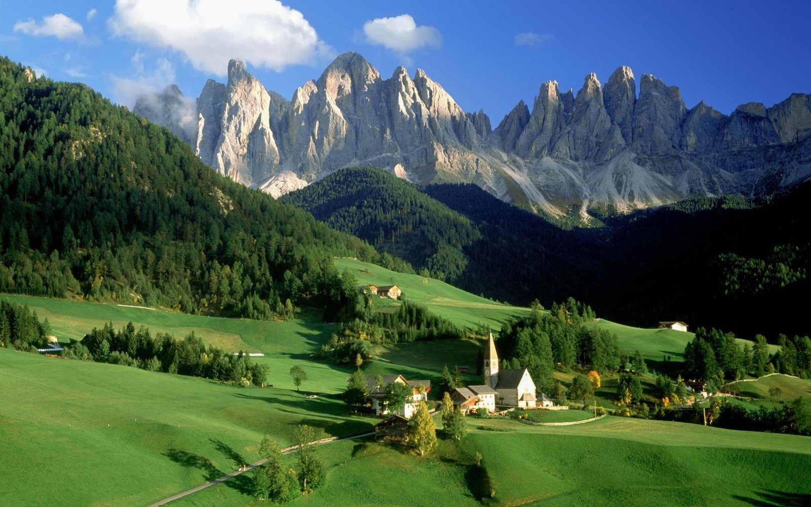 Austrian Alps Peaks Range Of Rock Fields With Grass Green Mountain Village House Church Sky White Clouds Beautiful Scenery Hd Wallpaper 2k 4k