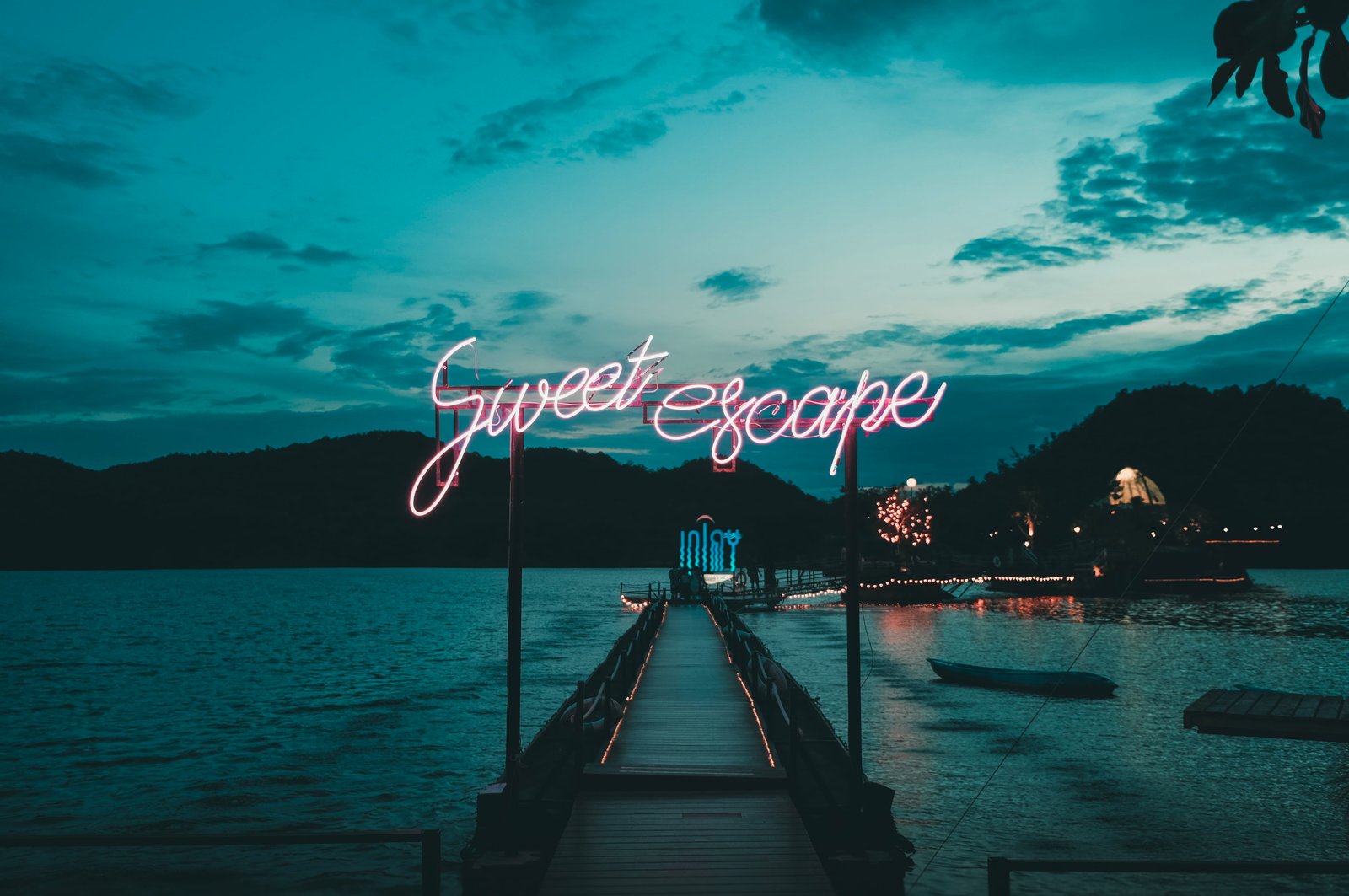 brown wooden harbor dock Sweet Escape signage neon light sky 2k 4k 5k