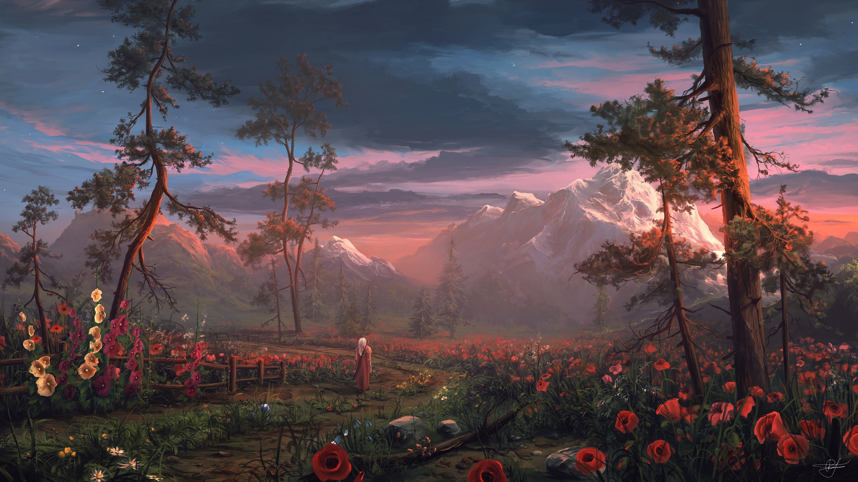 digital art warrior sword landscape mountains trees flowers 2k