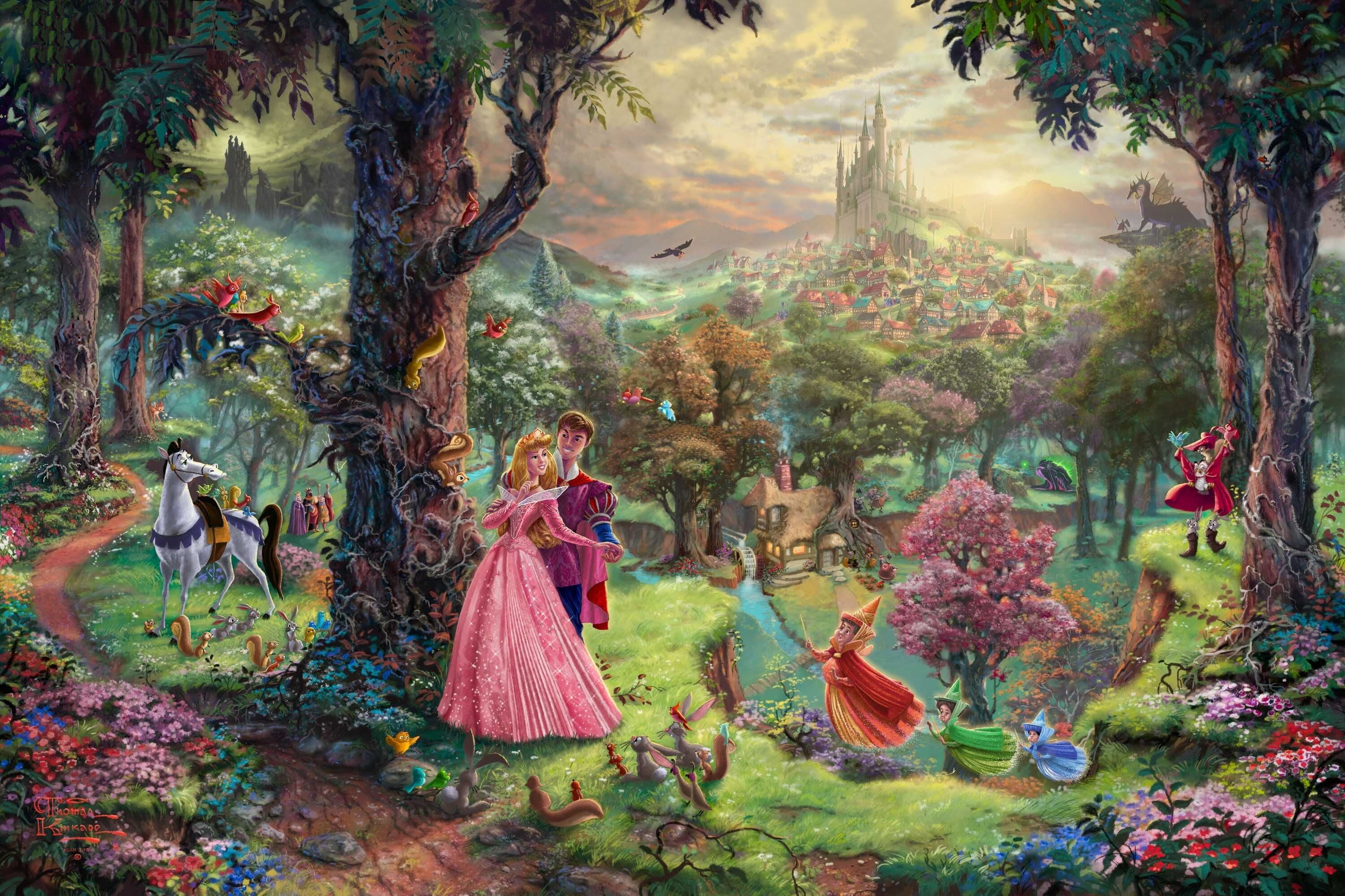 Disney Aurora with Prince wallpaper forest trees Park castle 2k