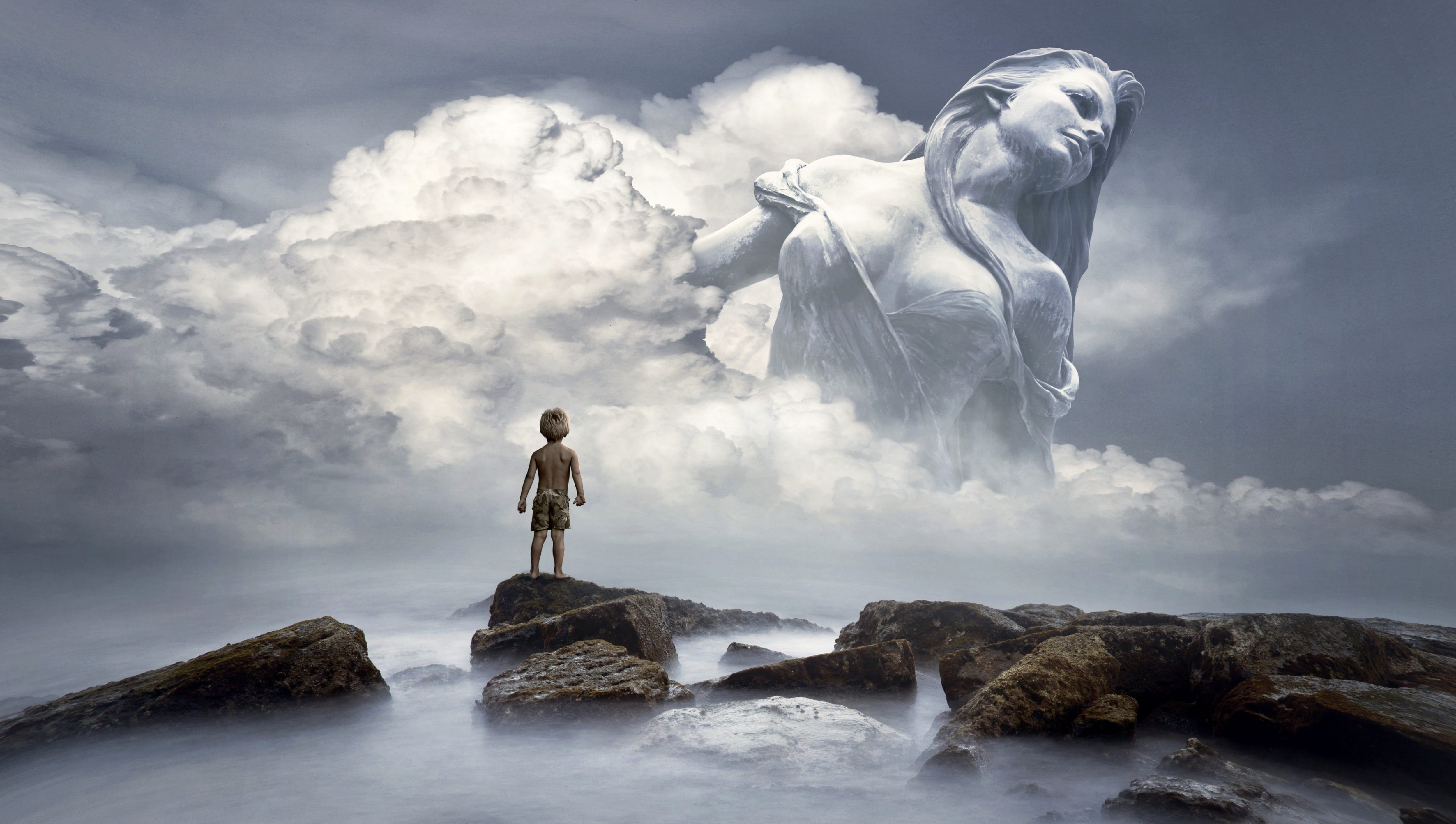 fantasy clouds figure woman child light surreal nature 2k 4k 5k