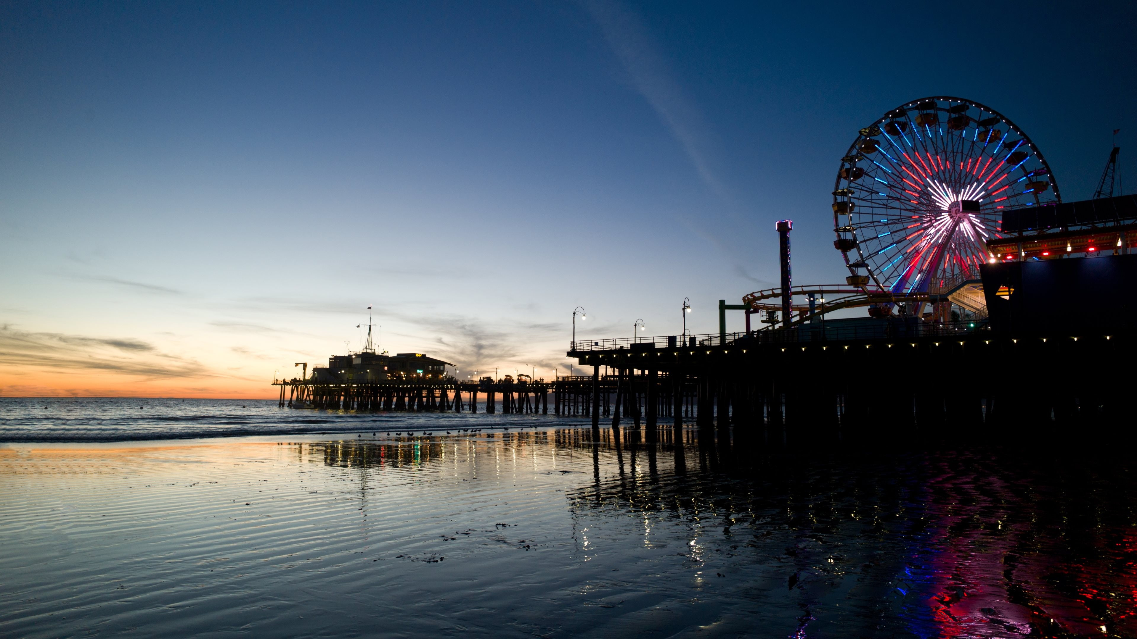 ferris wheel pier sea beach sunset 2k 4k