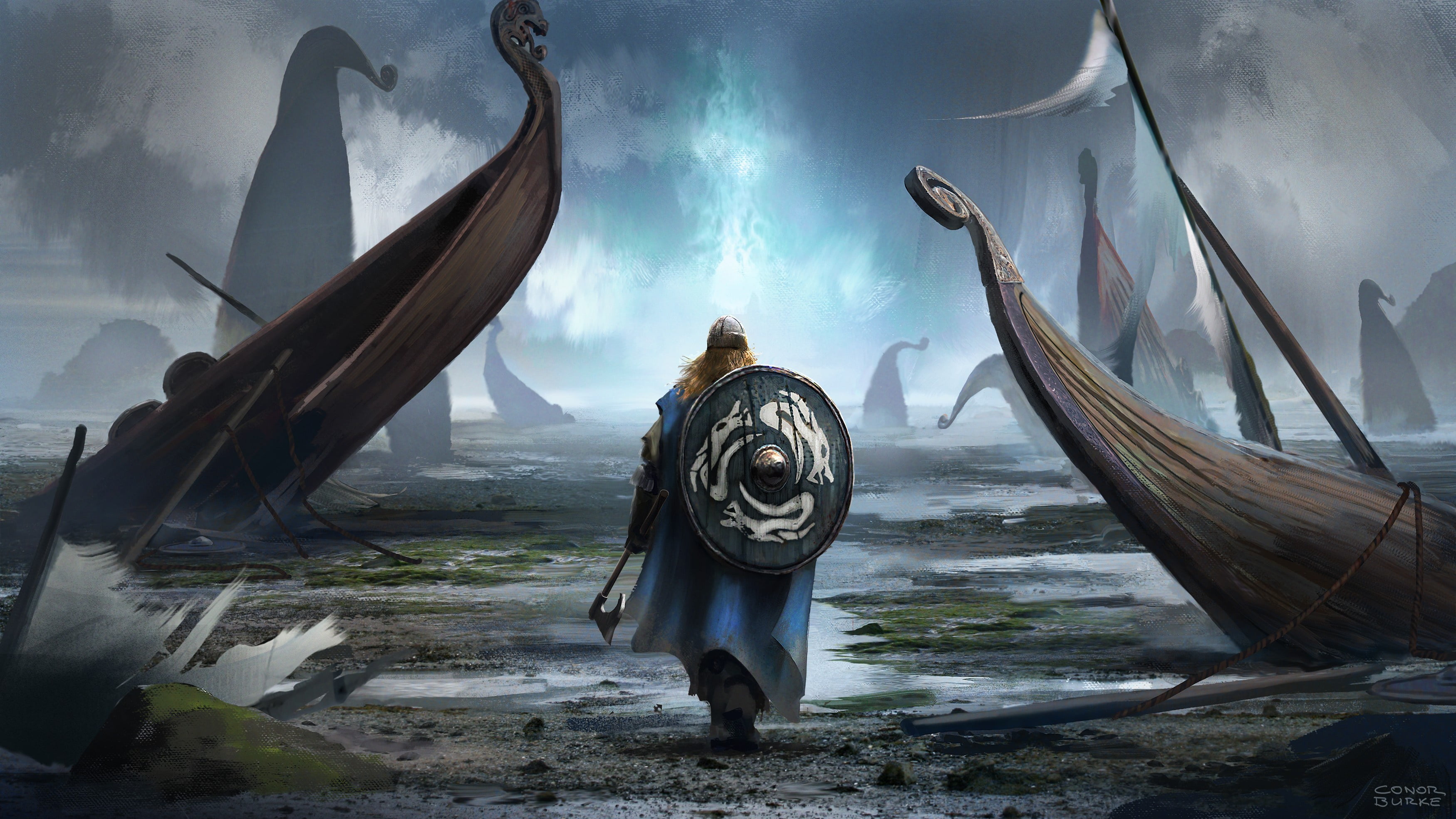 game poster digital art fantasy Vikings boat Axe shield 2k 4k