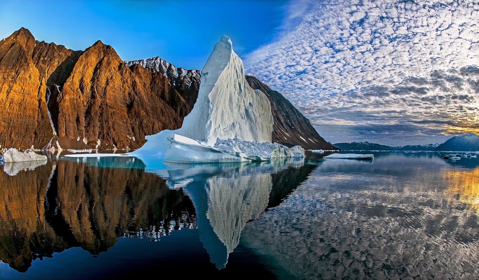 Greenland water sky reflection clouds nature mountain 2k