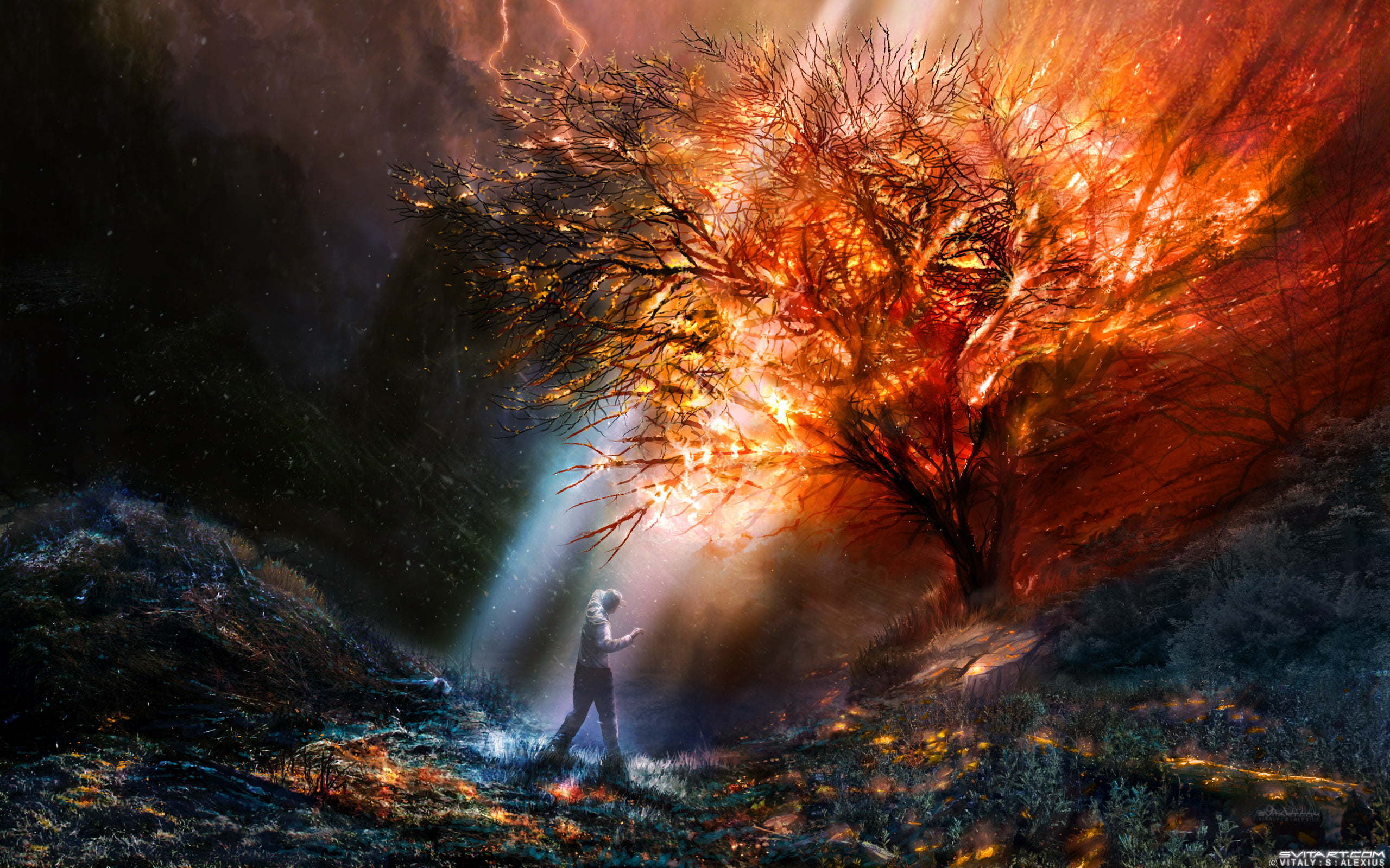 illustration of man standing in front tree fantasy art artwork 2k