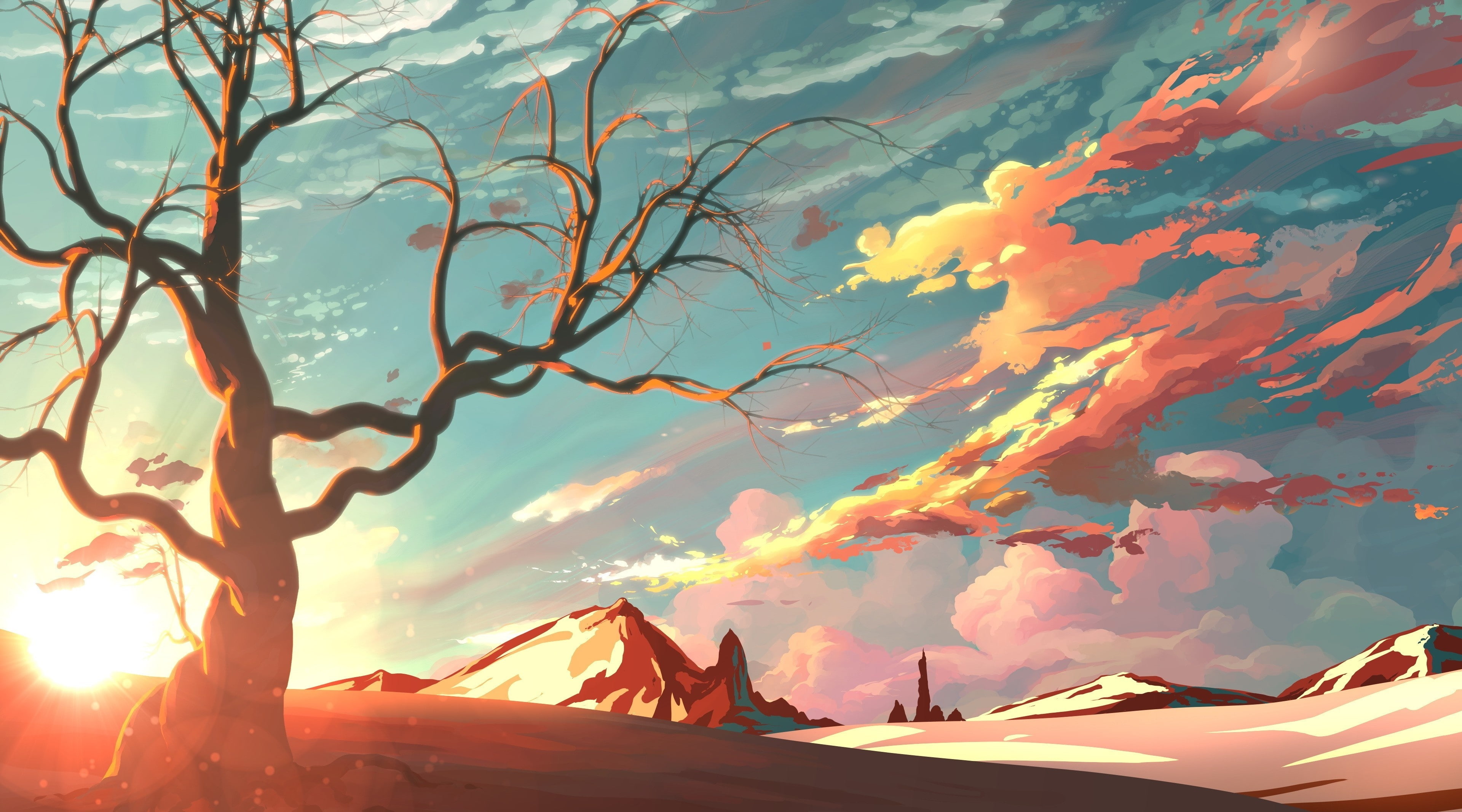 Landscape Illustration Aero Vector Art Sunset Tree Mountains 2k 4k