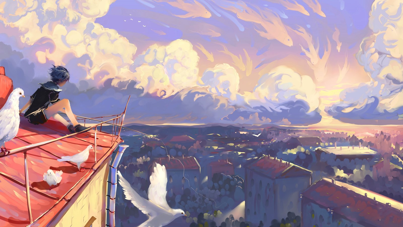 man on top of the roof painting artwork illustration sunset 2k 4k 5k
