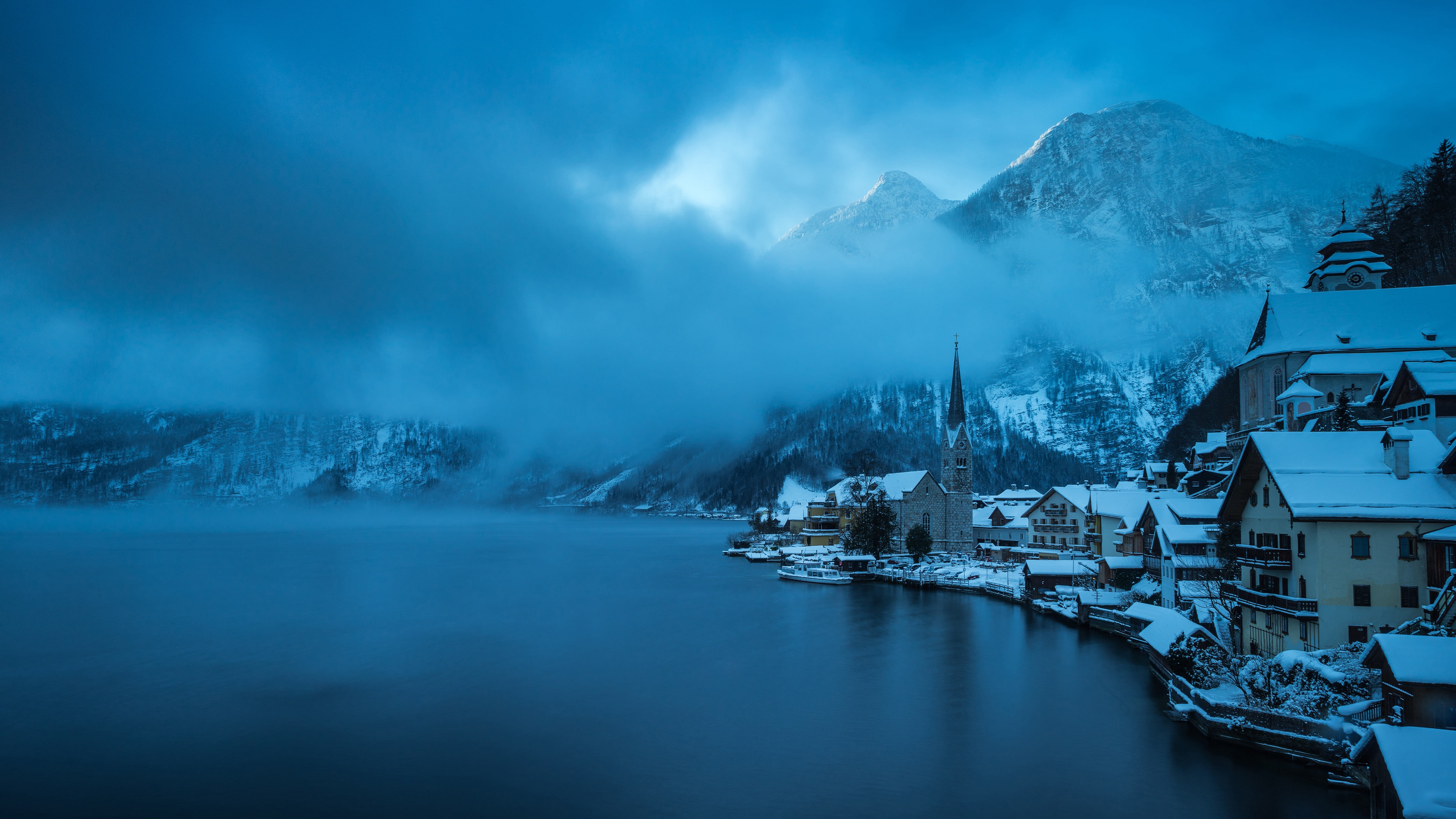 nature town mountains Austria lake Hallstatt winter cold temperature 2k 4k