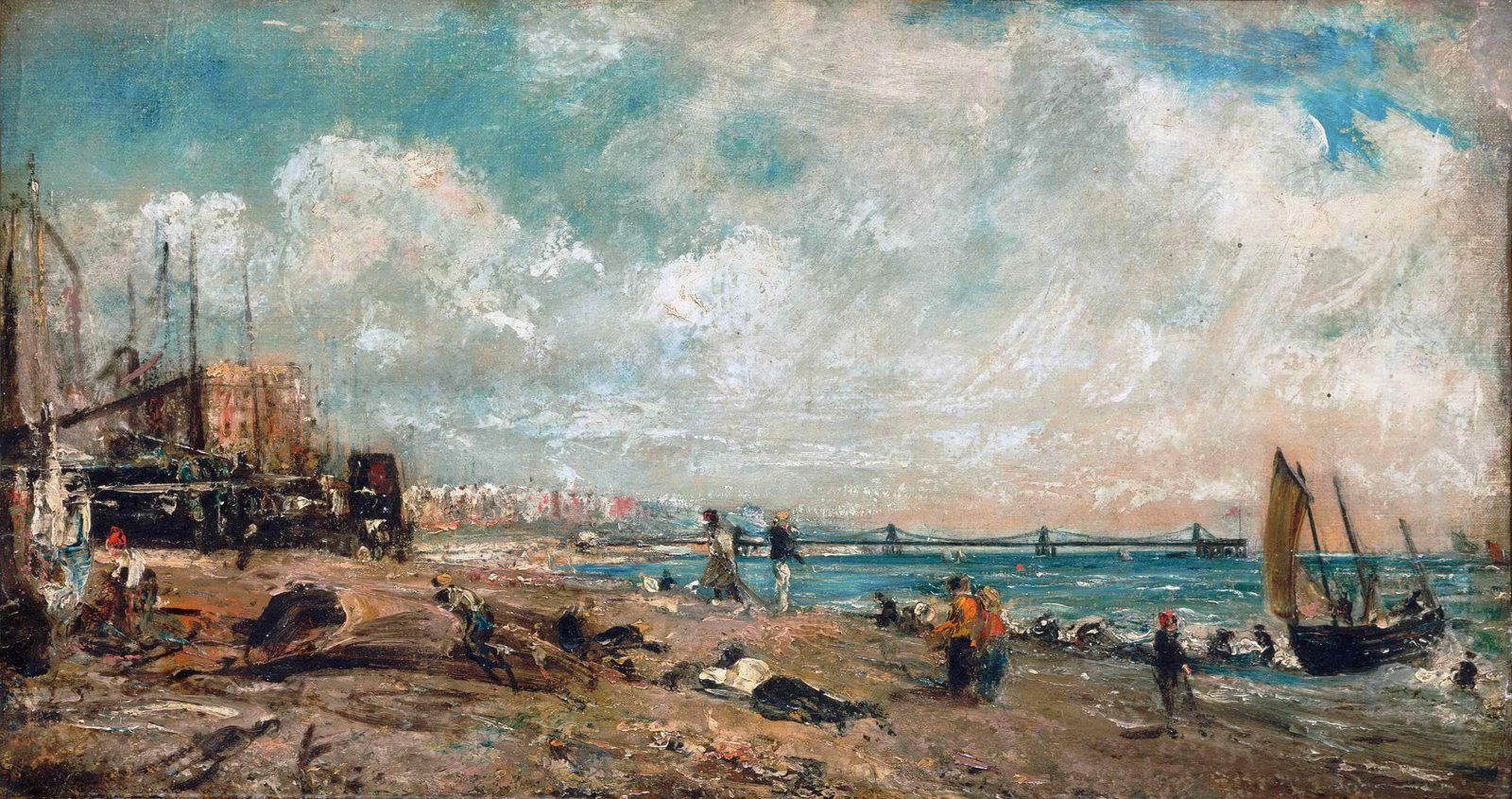 sea the sky clouds landscape people shore boat home 2k 4k