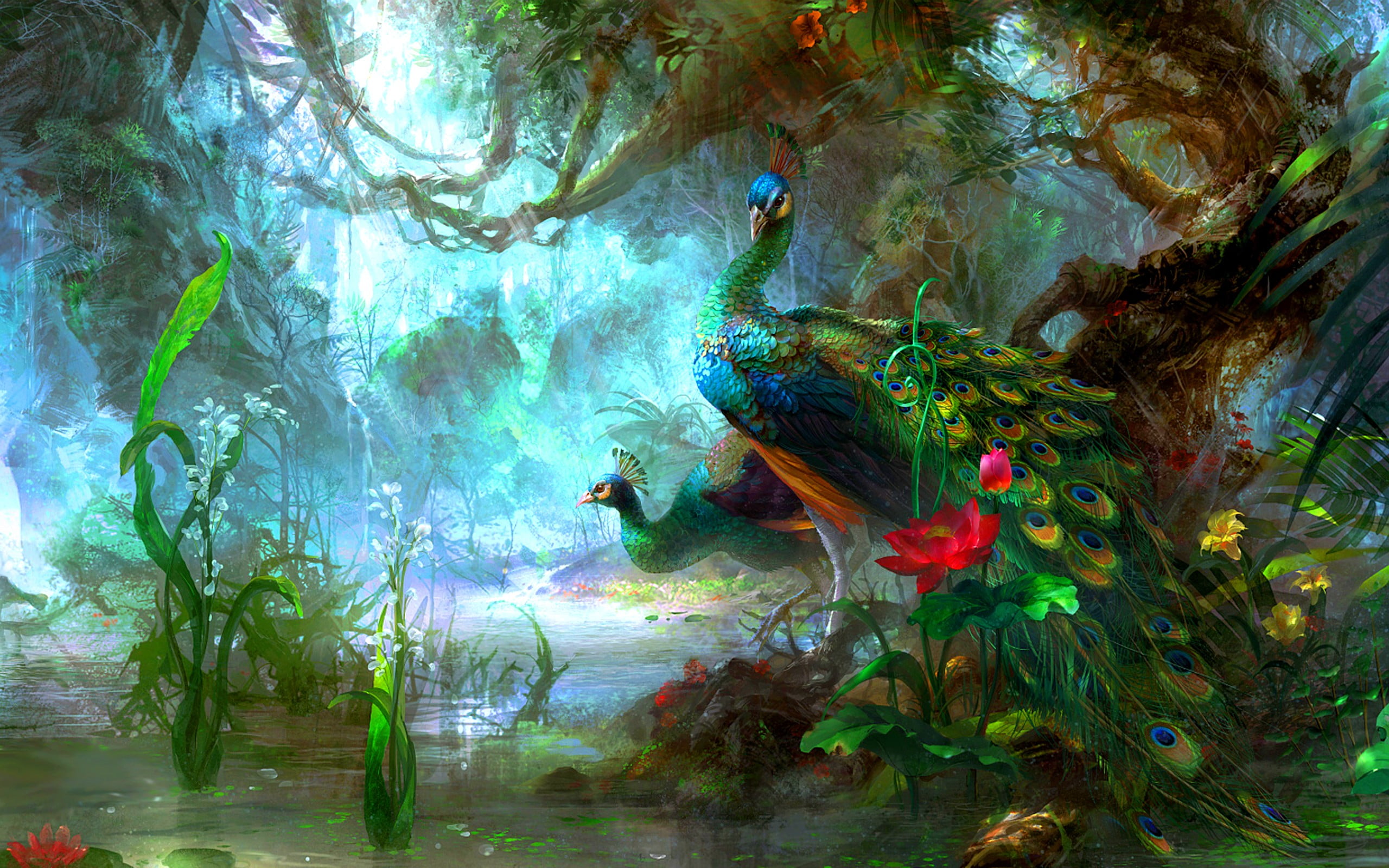 two green yellow and blue peacock on swamp artwork painting peacocks 2k