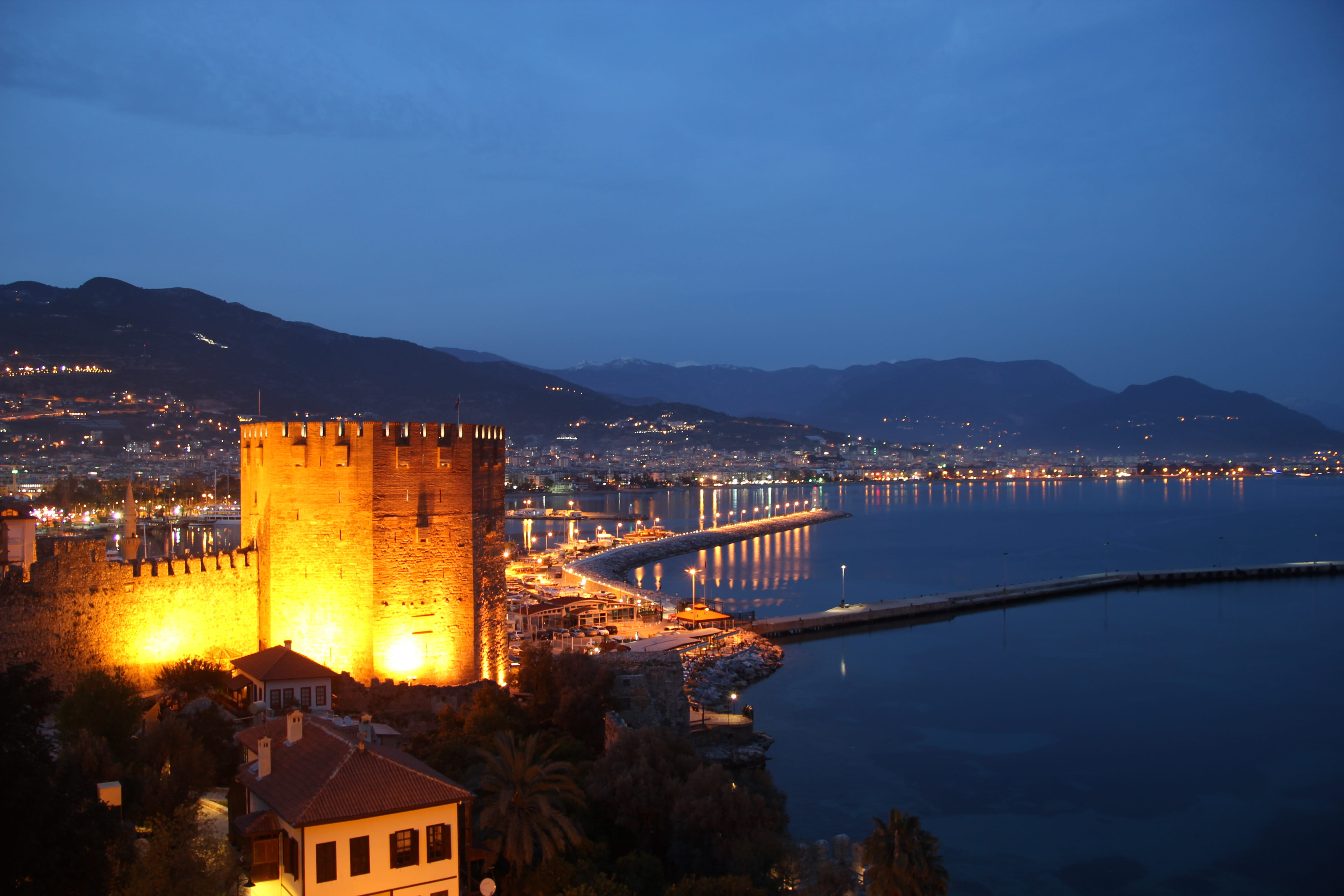 Alanya Night Beach City Turkey blue turquoise coast antalya 2k 4k 5k