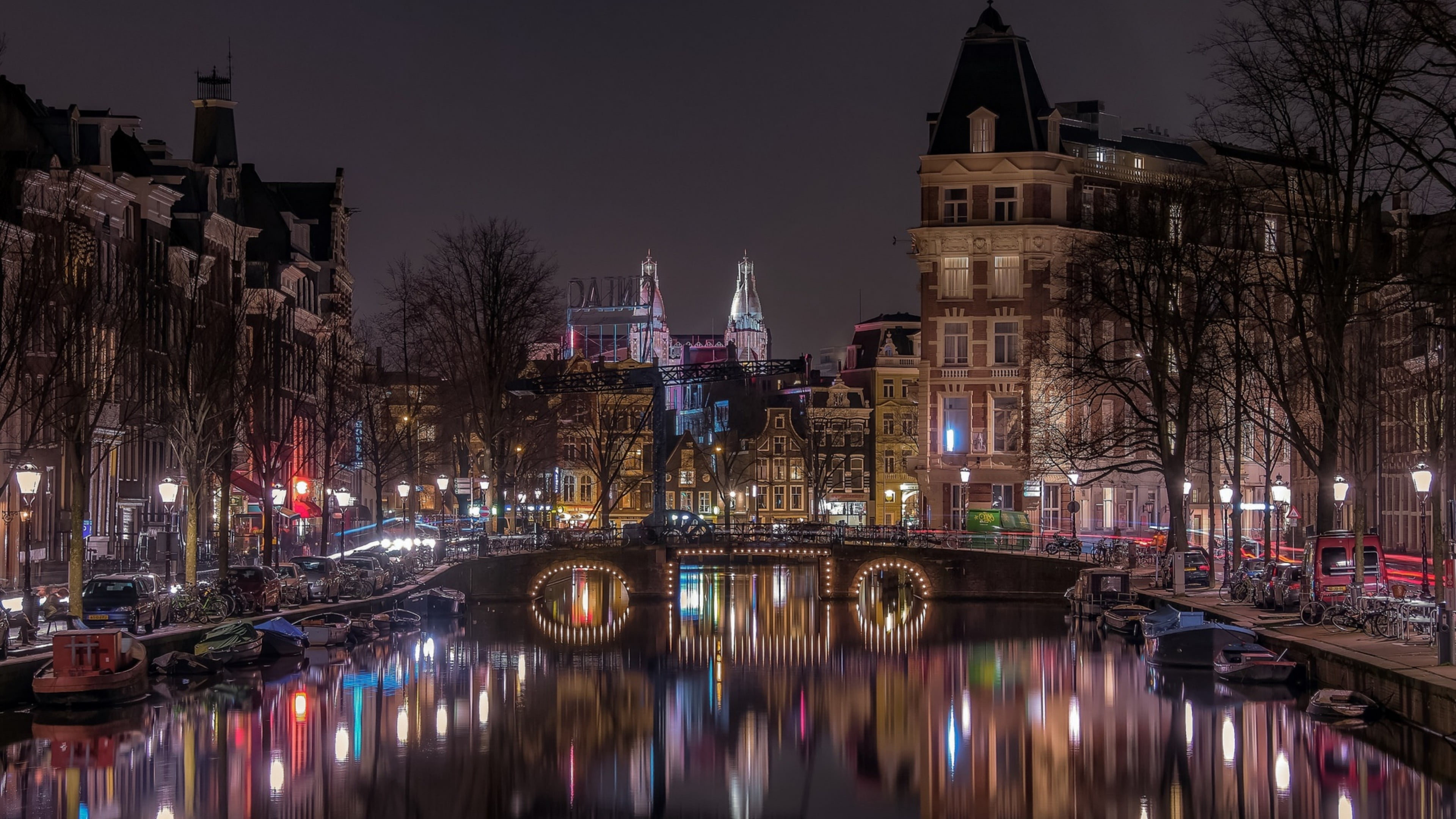 amsterdam europe city lights canal reflection netherlands 2k 4k