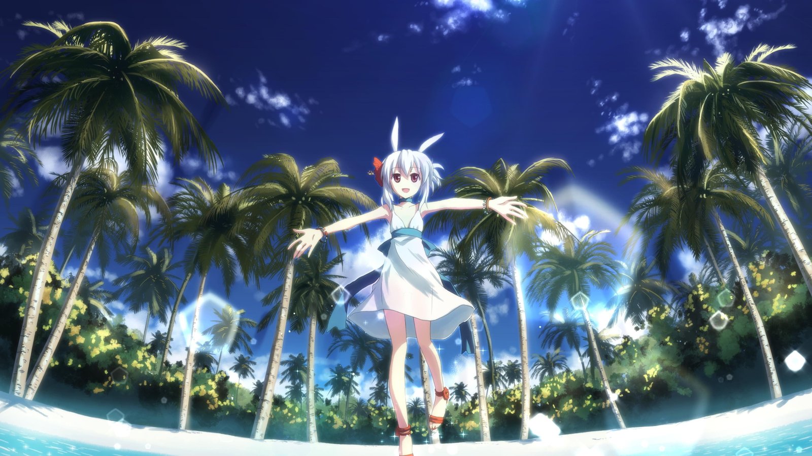 anime beach palm trees 2k 4k