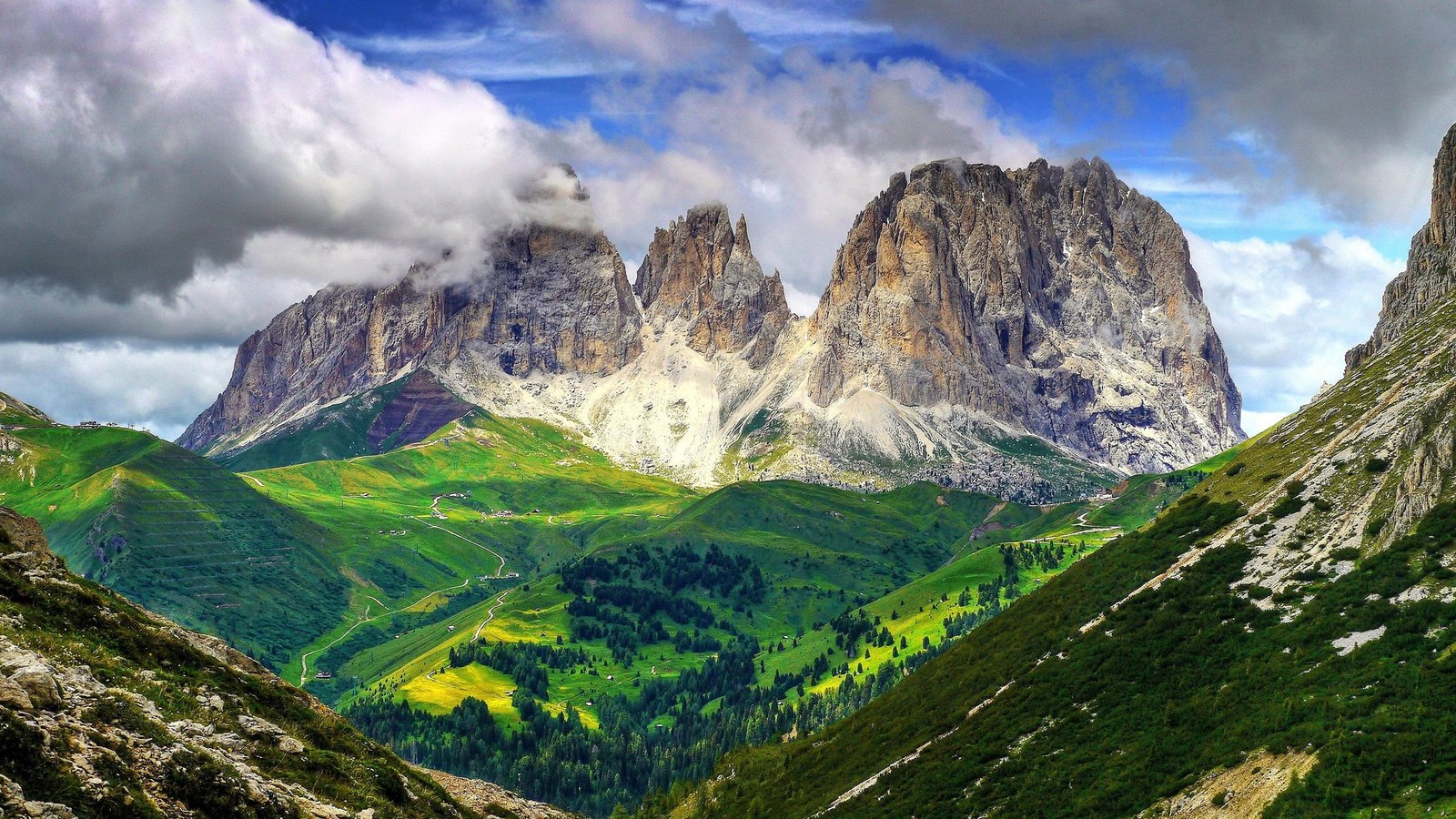 Beautiful nature landscape mountains slope trees clouds 2k