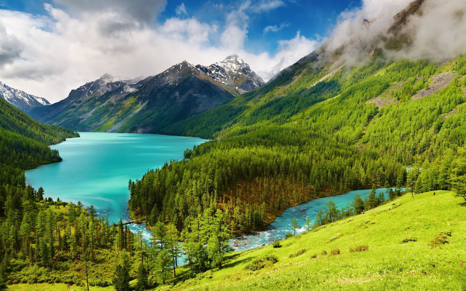 Beautiful nature scenery green trees lake river mountains clouds 2k