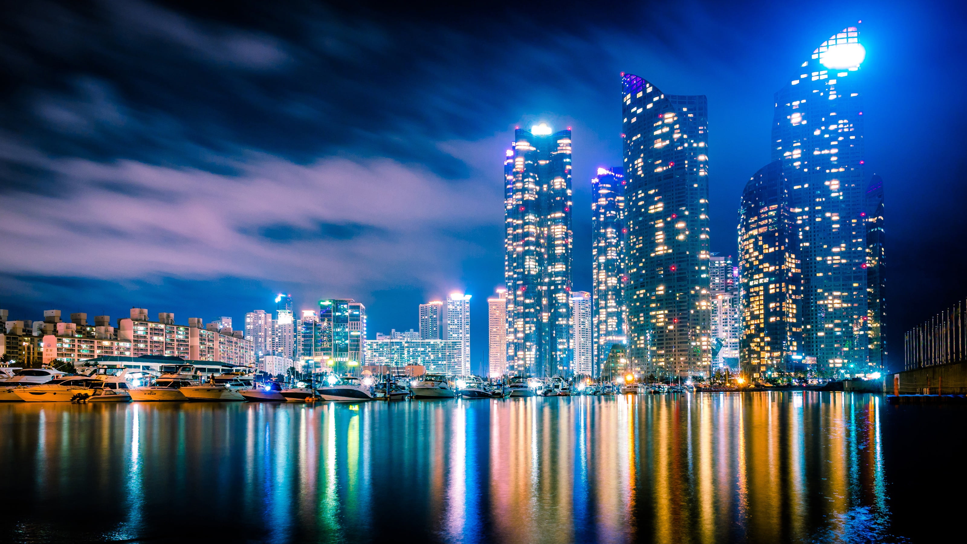 building yachts night city boats skyscrapers South Korea 2k