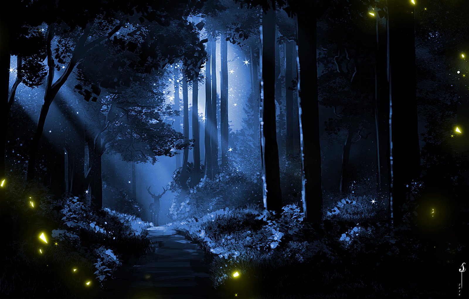 digital art artwork forest nature lights night 2k 4k