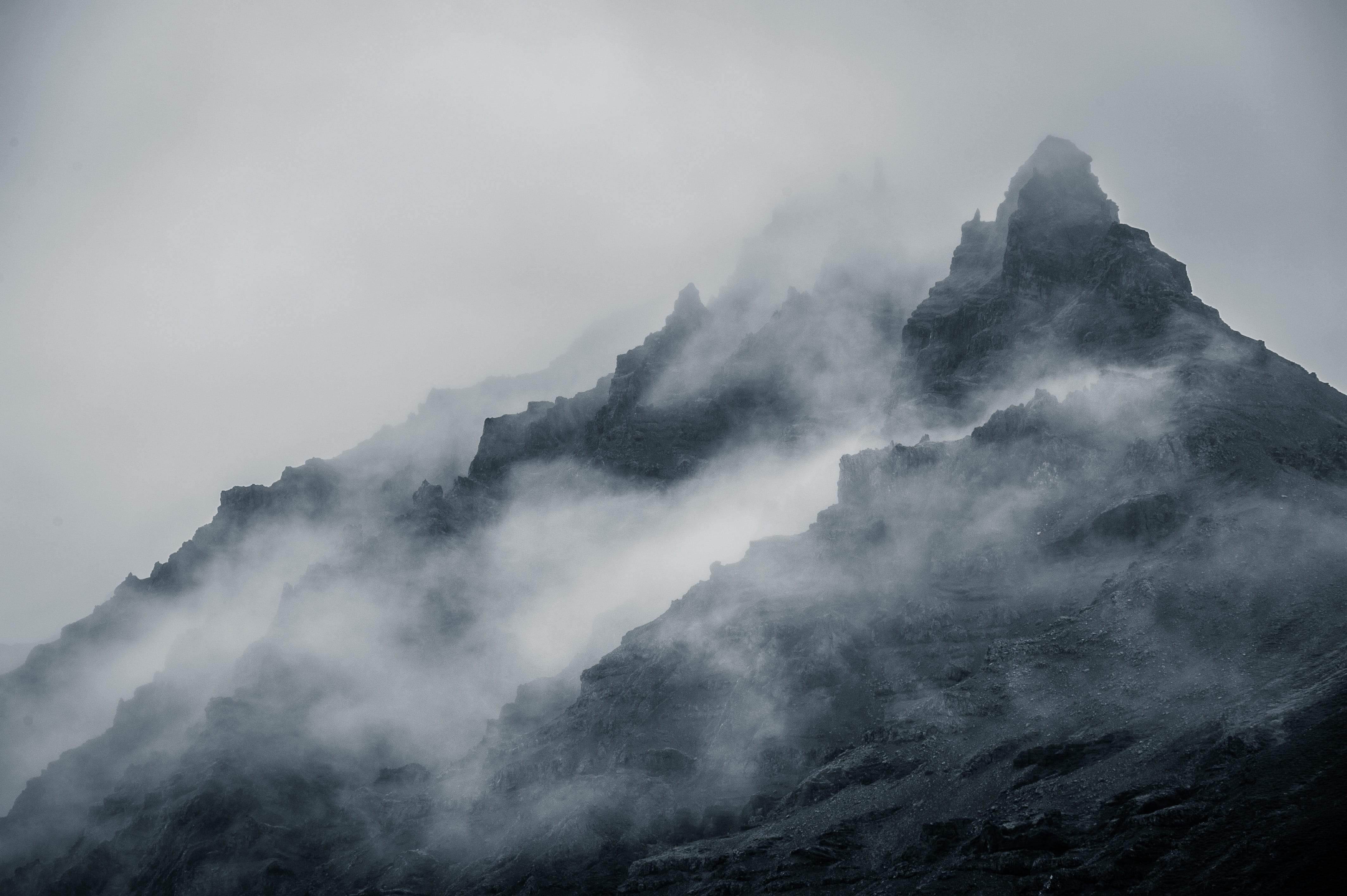 fog covered mountains foggy nature landscape haze mist black and white 2k 4k