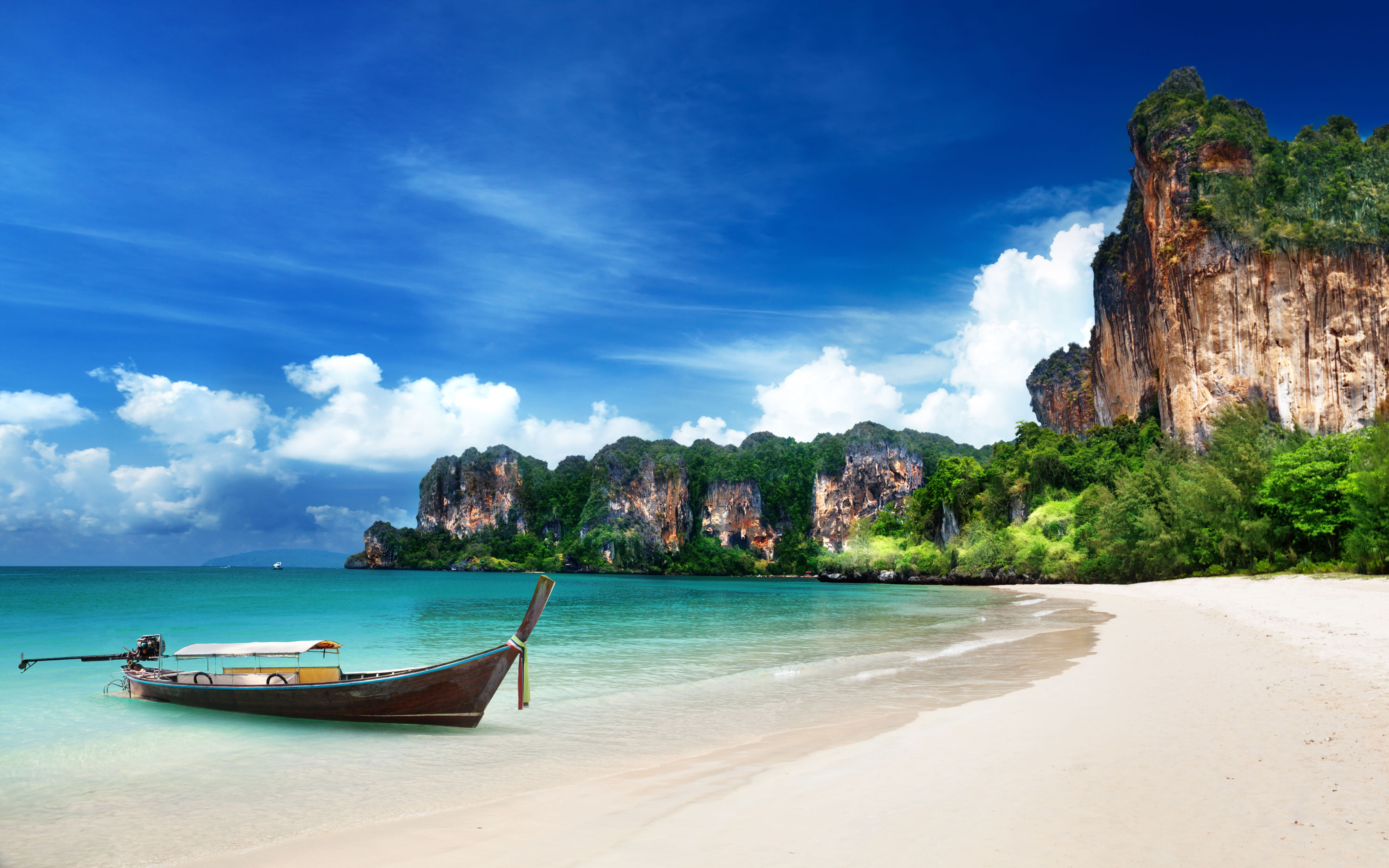 Krabi Island Beaches Thailand Sandy Beach Boat Coast Rocks Blue Sky Exotic Hd Wallpaper For Desktop 2k 4k
