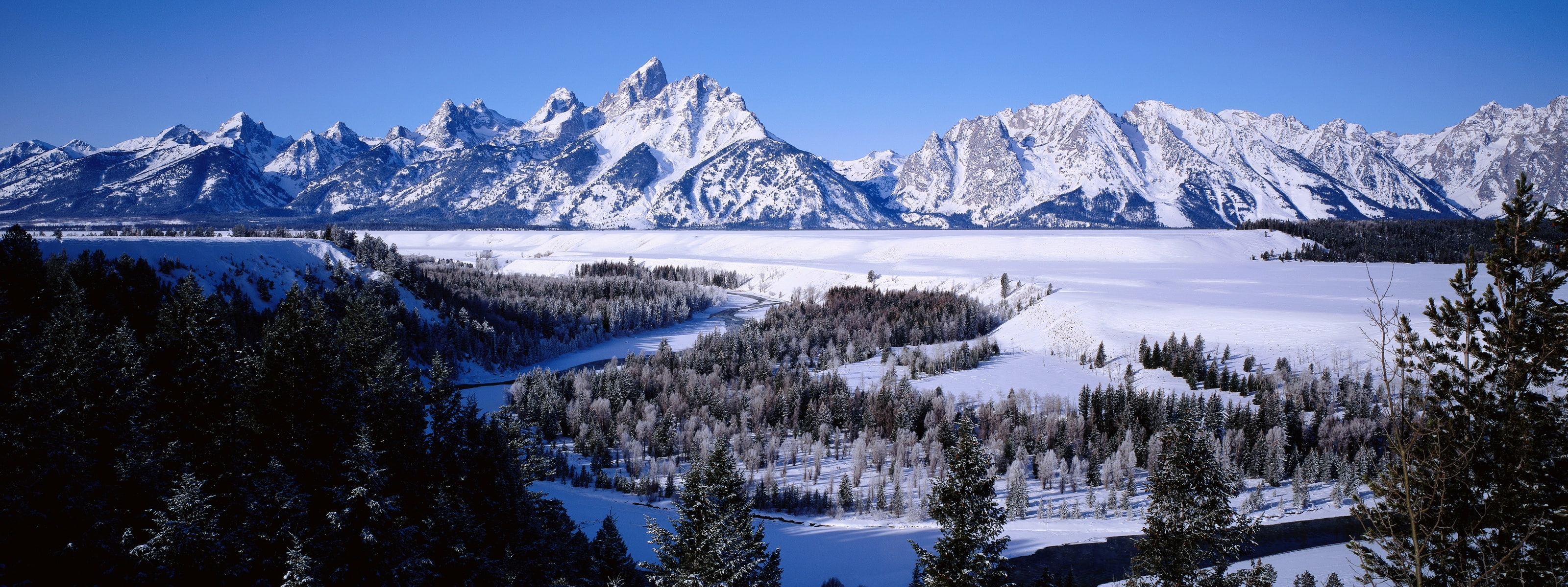 mountains landscapes winter snow forest wyoming tetons dual monitor Nature Winter HD Art 2k