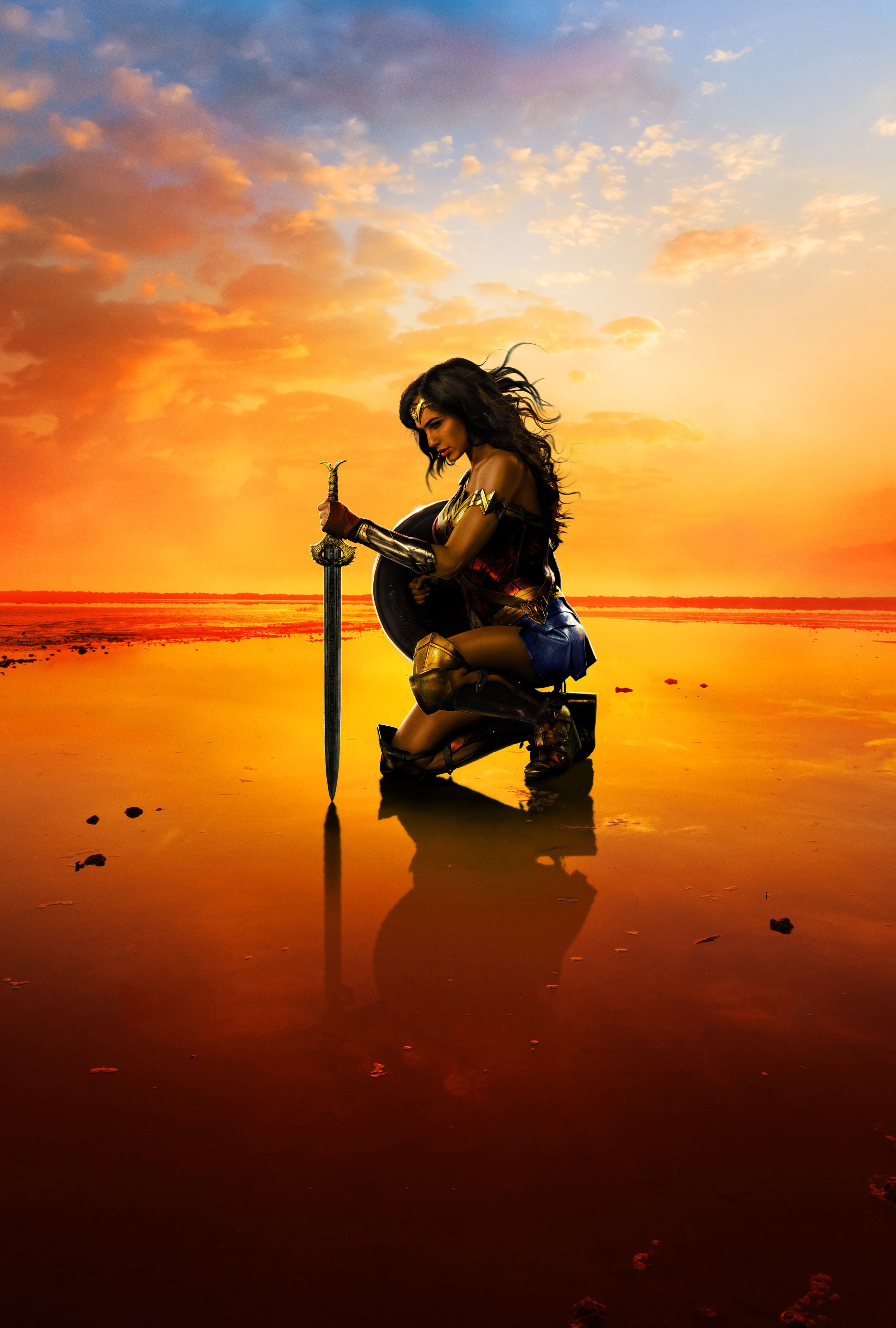 movie poster Wonder Woman Gal Gadot portrait display sunset 2k