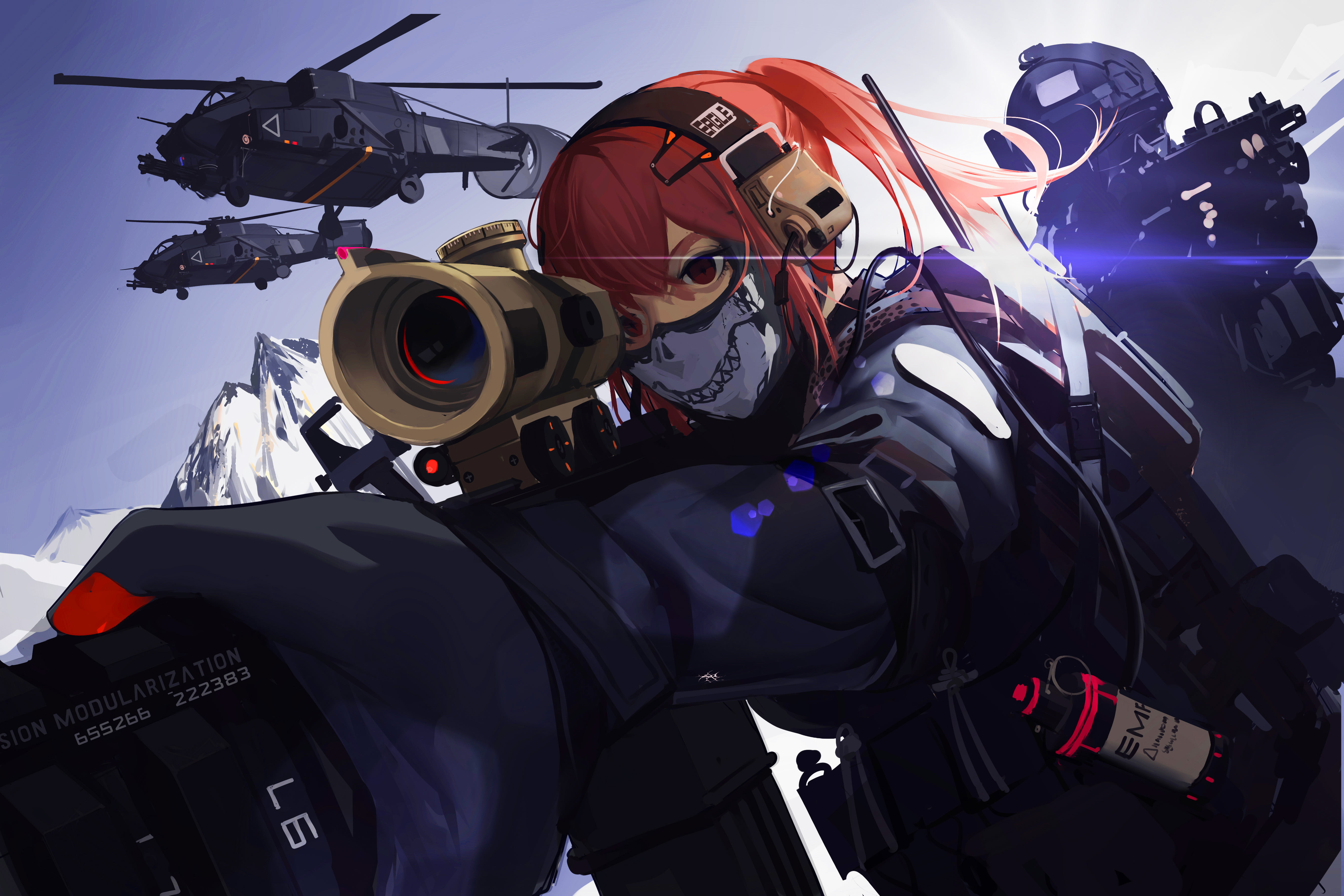red haired anime woman character military weapon soldier girls 2k 4k 5k
