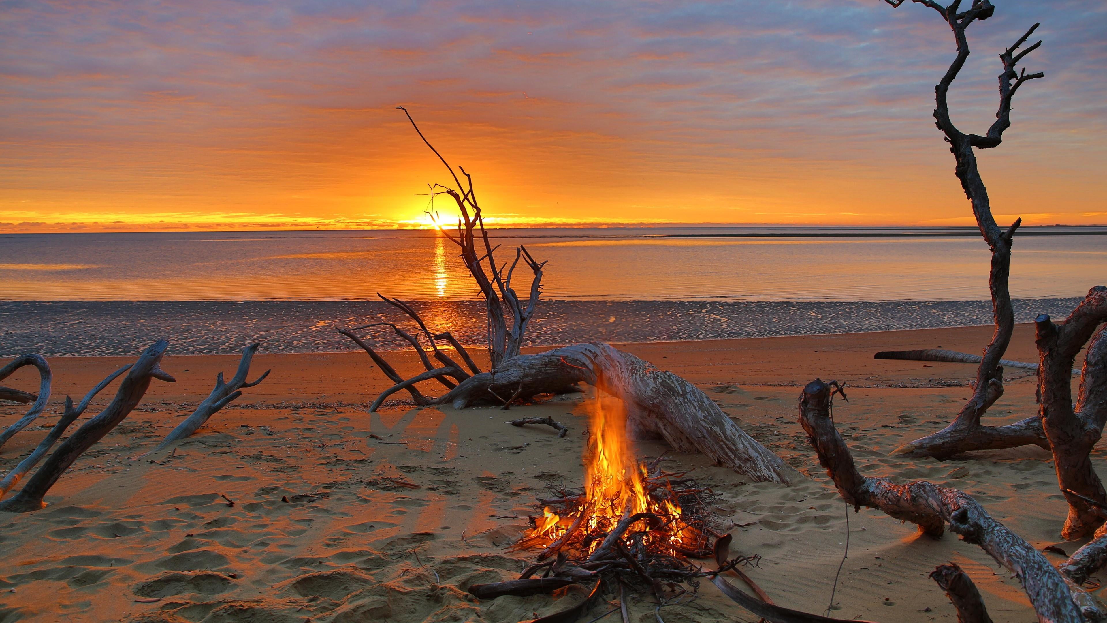 sea body of water camp fire shore sunset horizon sky 2k 4k