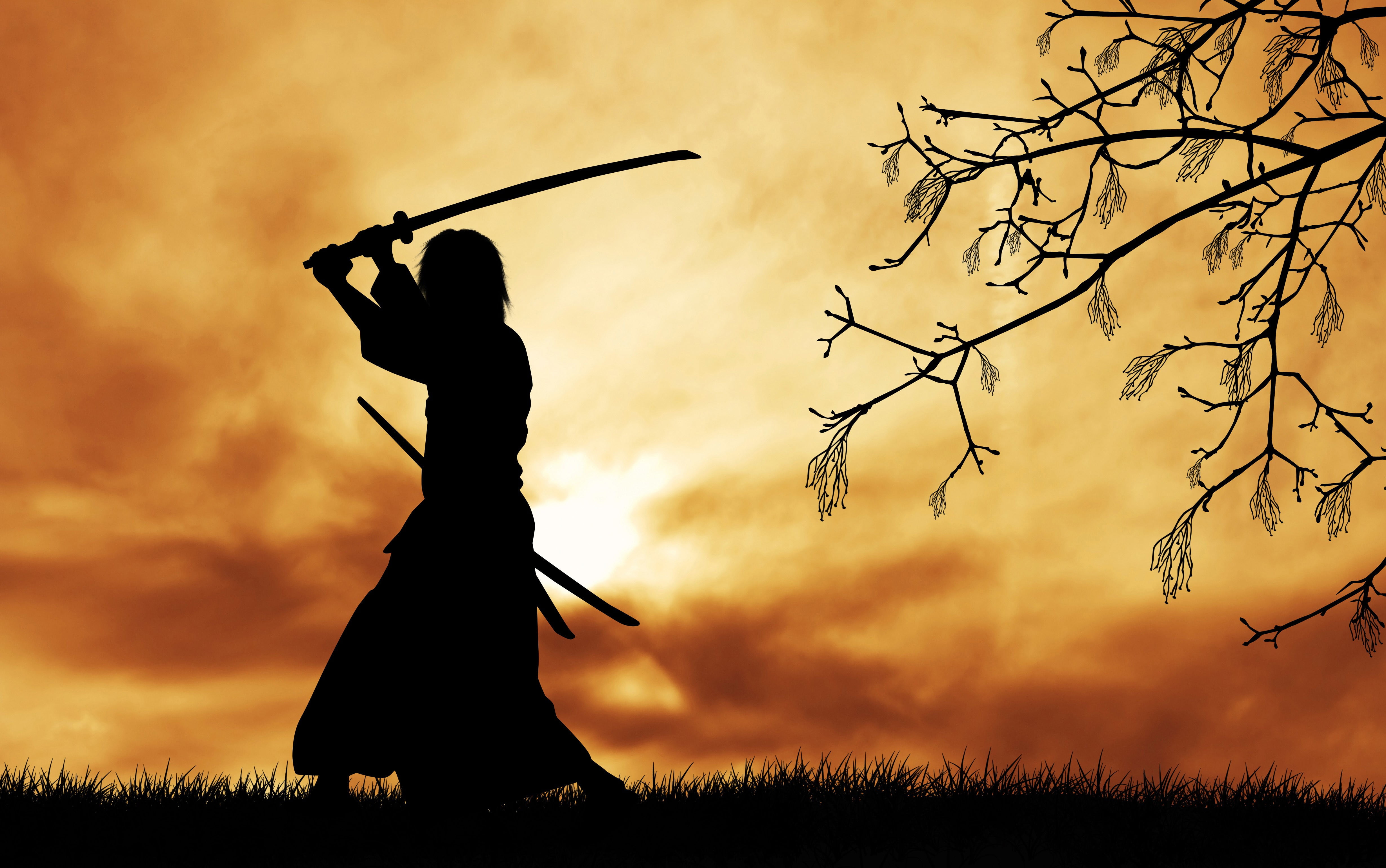 silhouette of samurai digital wallpaper Japanese clothes katana 2k 4k 5k