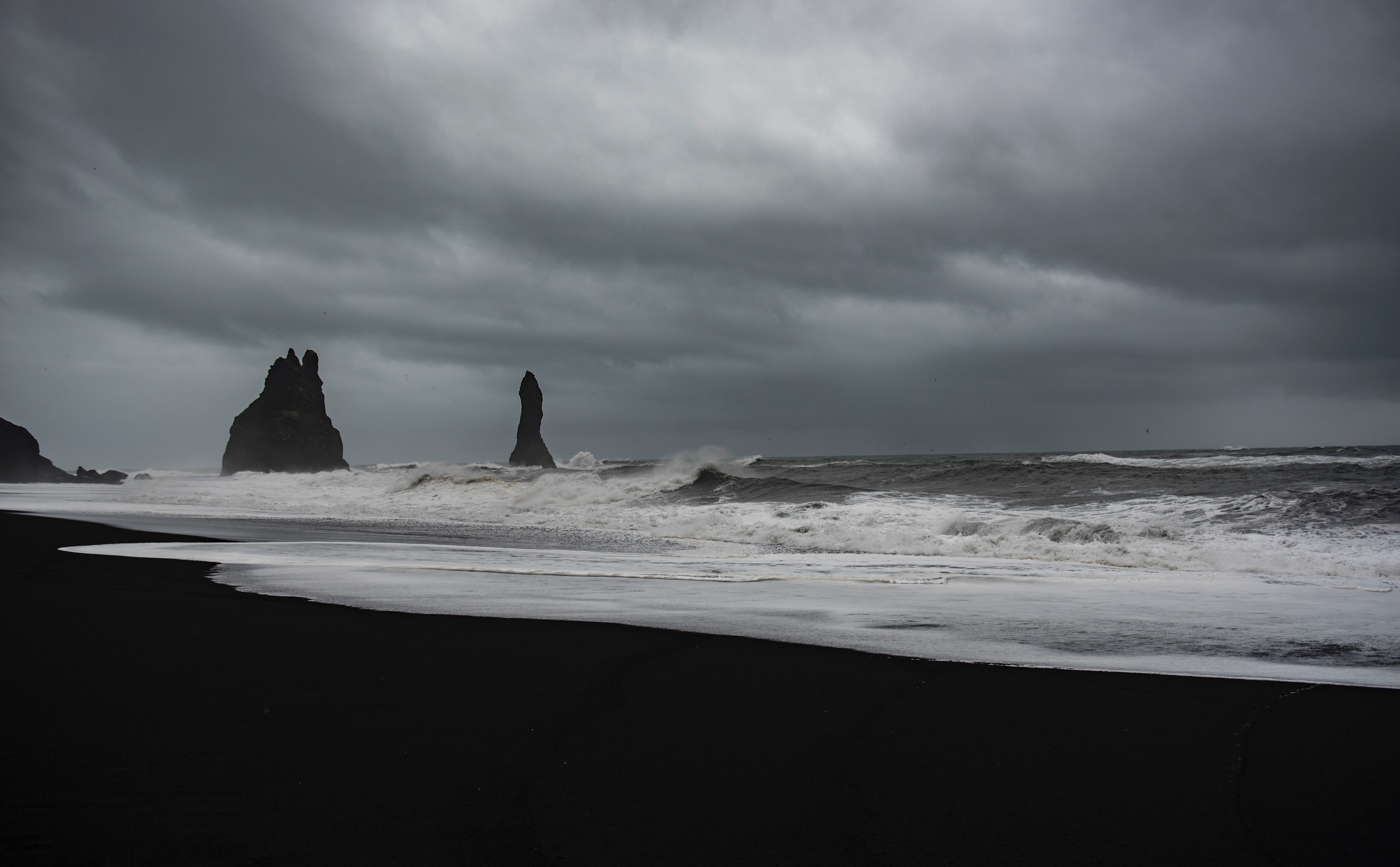Stormy Weather Waves Black Sand Beach Rocks Nature Dark 2k 4k 5k
