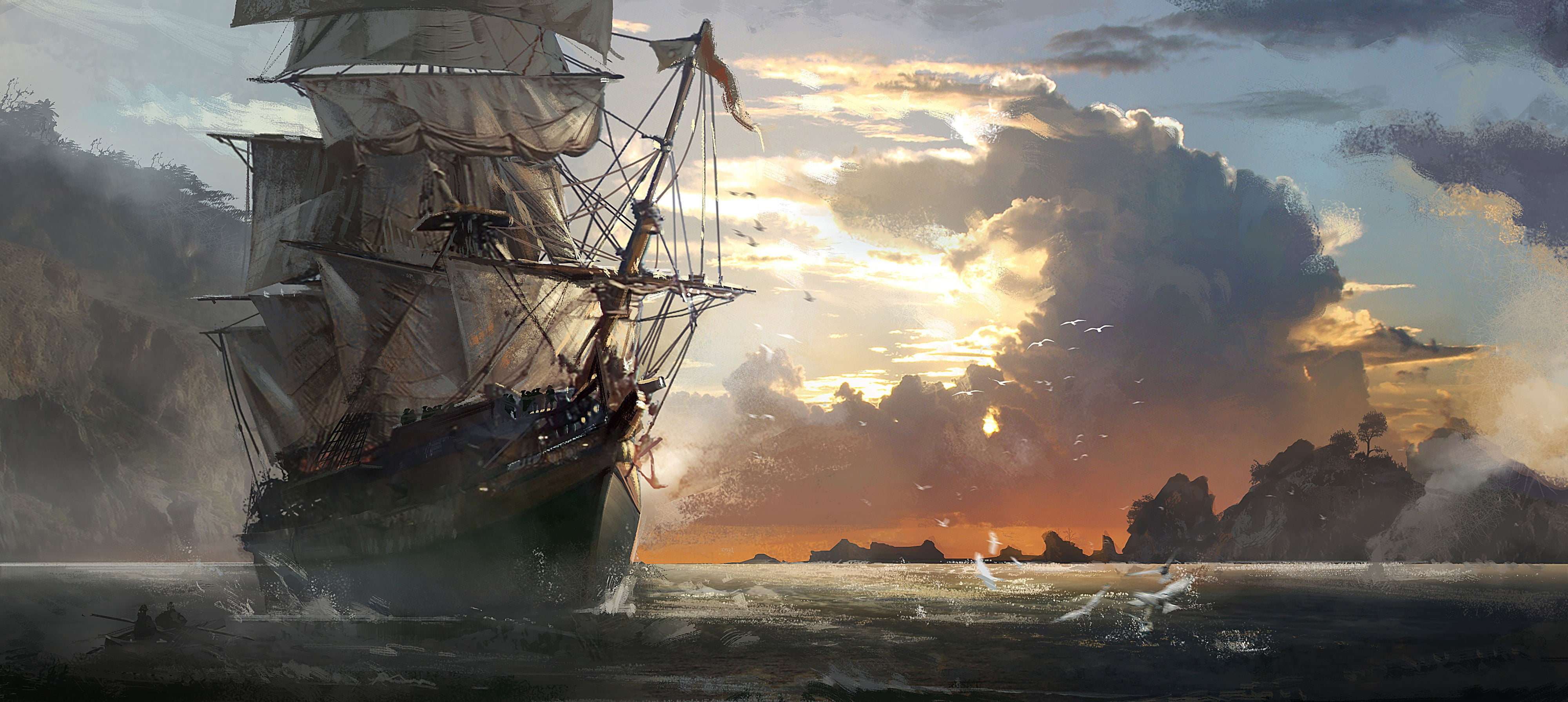 white and gray ship painting artwork sailing Assassin s Creed Black Flag 2k 4k