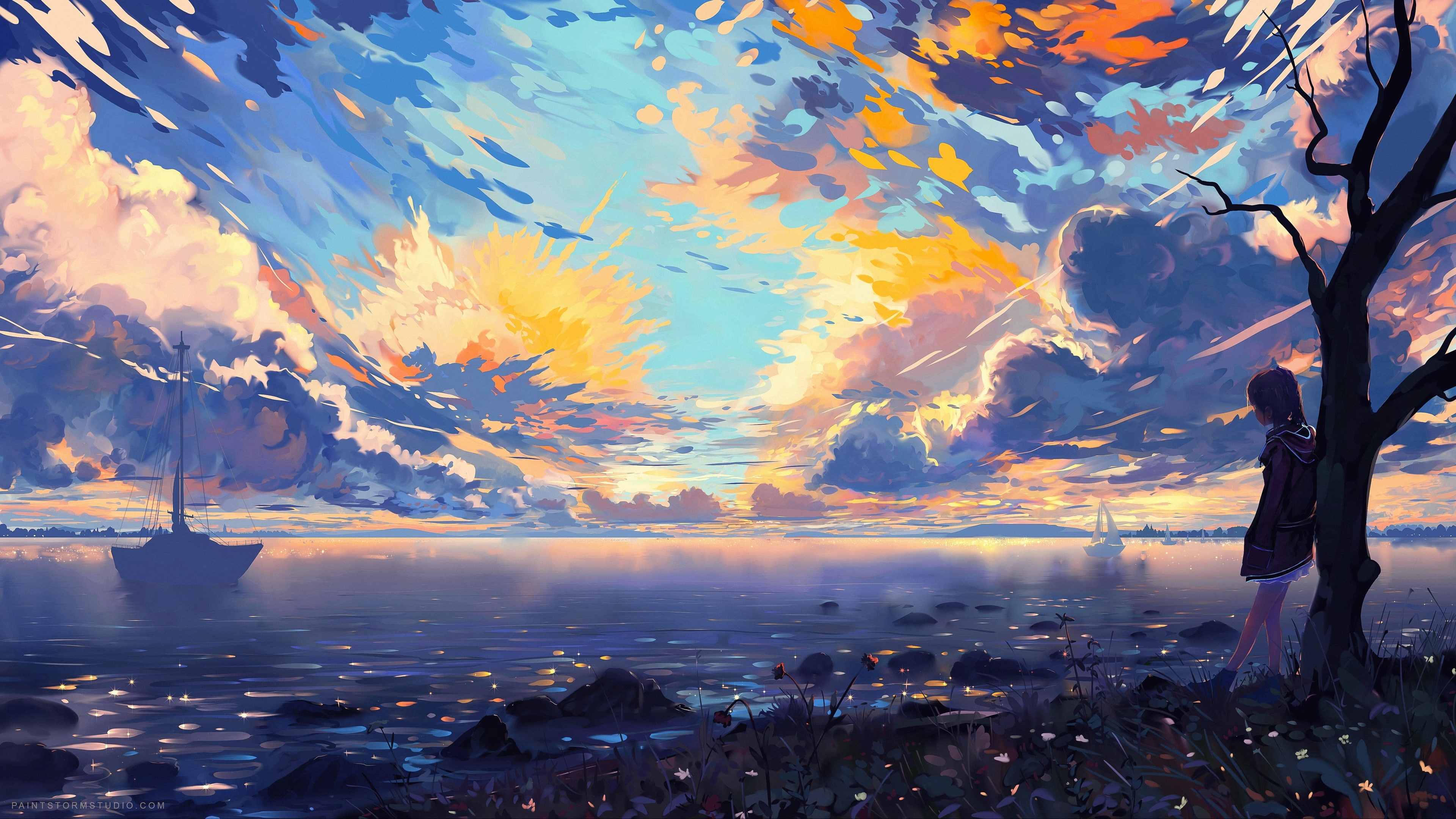 anime landscape art painting sea ship 2k 4k